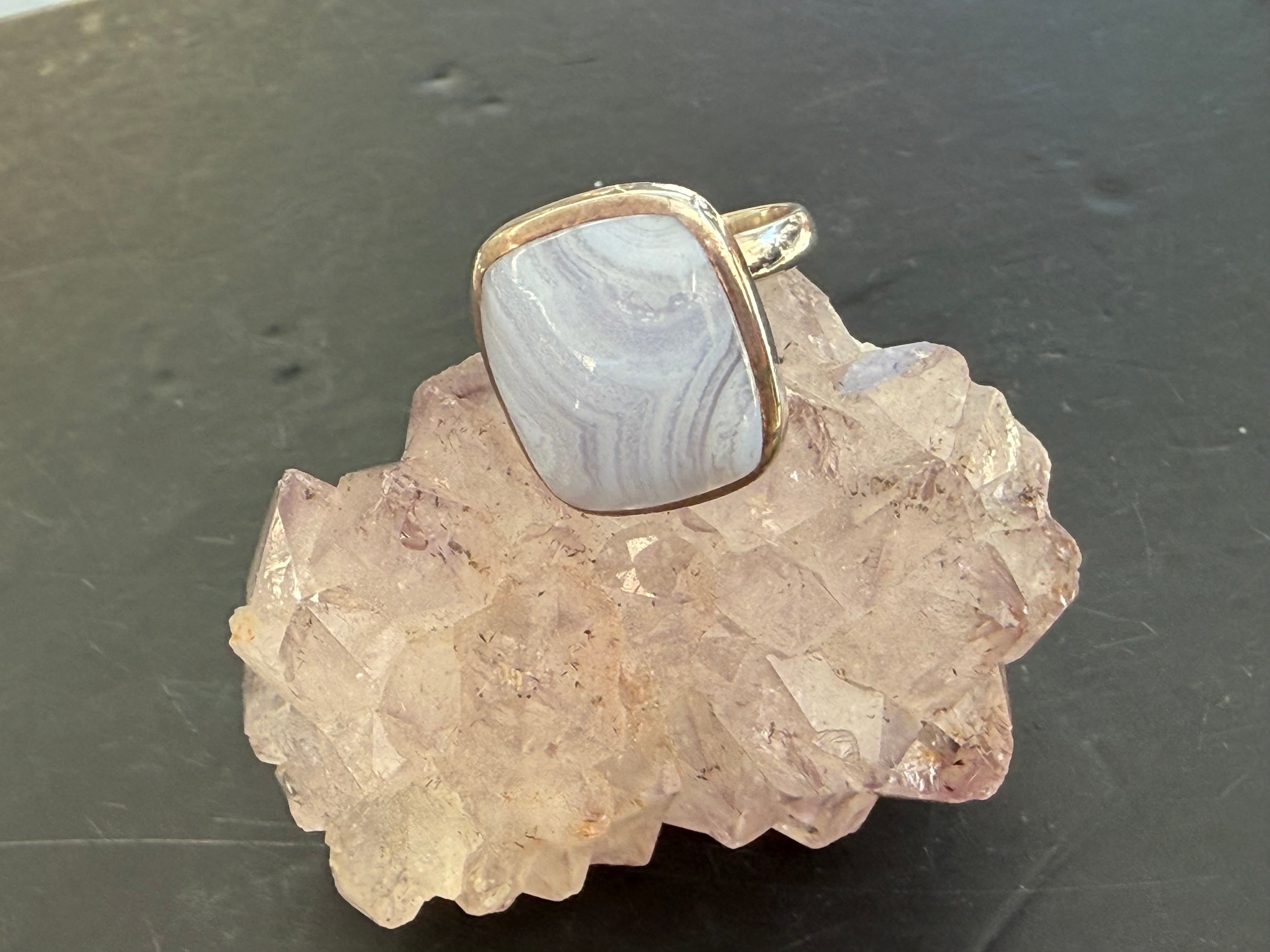 Blue Lace Agate Ring, 7.5 adjustable – Peace, Gentle Communication & Inner Harmony Crystal Wellness