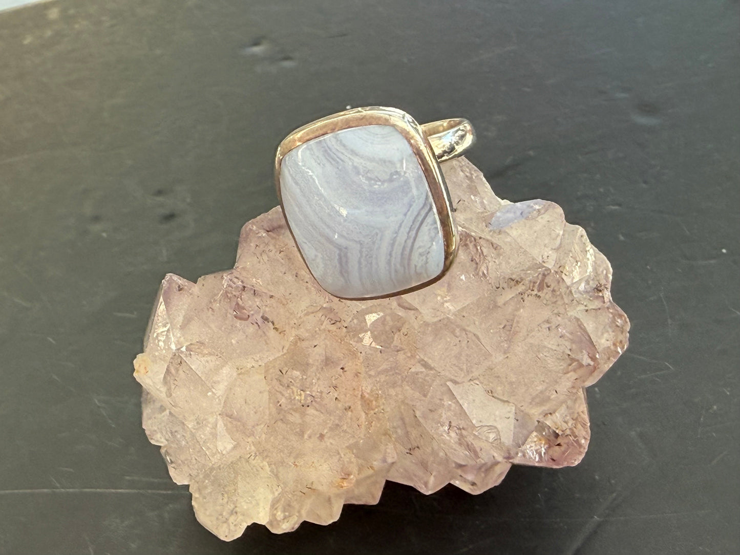 Blue Lace Agate Ring, 7.5 adjustable – Peace, Gentle Communication & Inner Harmony Crystal Wellness