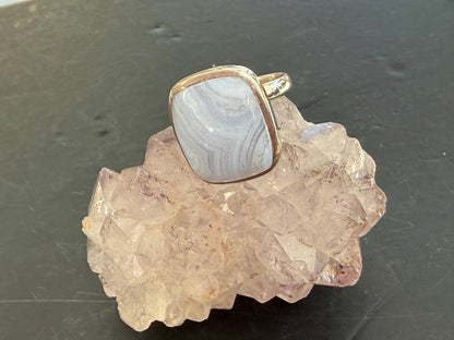 Blue Lace Agate Ring, 7.5 adjustable – Peace, Gentle Communication & Inner Harmony Crystal Wellness