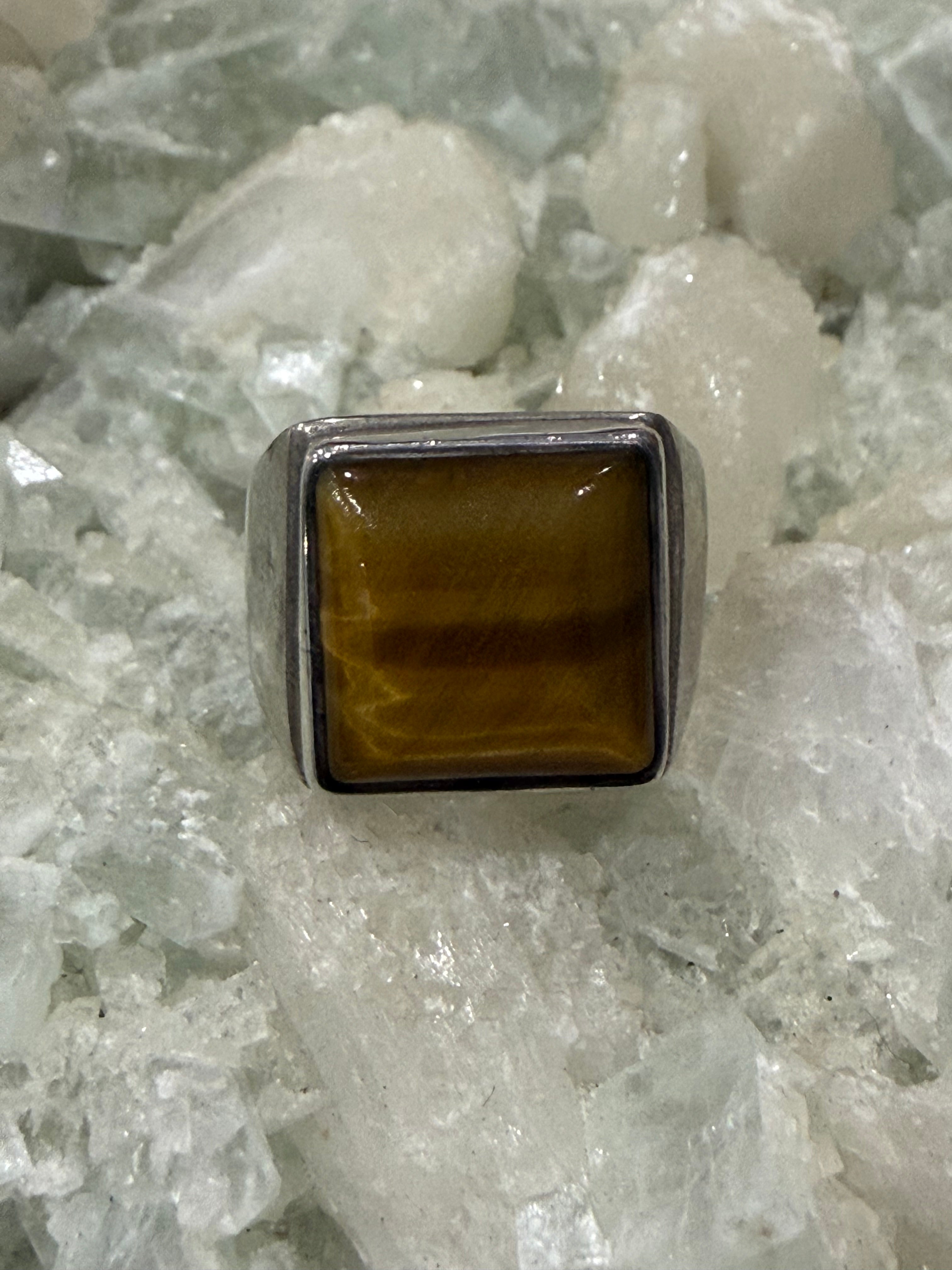 Golden Tiger Eye Men’s Silver Ring – Size 9 Crystal Wellness