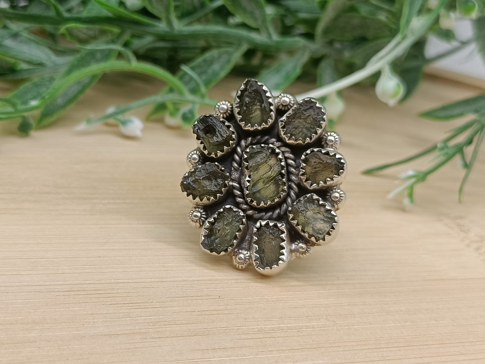 Authentic Moldavite Flower Petal 925 Sterling Silver 3.2x2.7cm Crystal Wellness