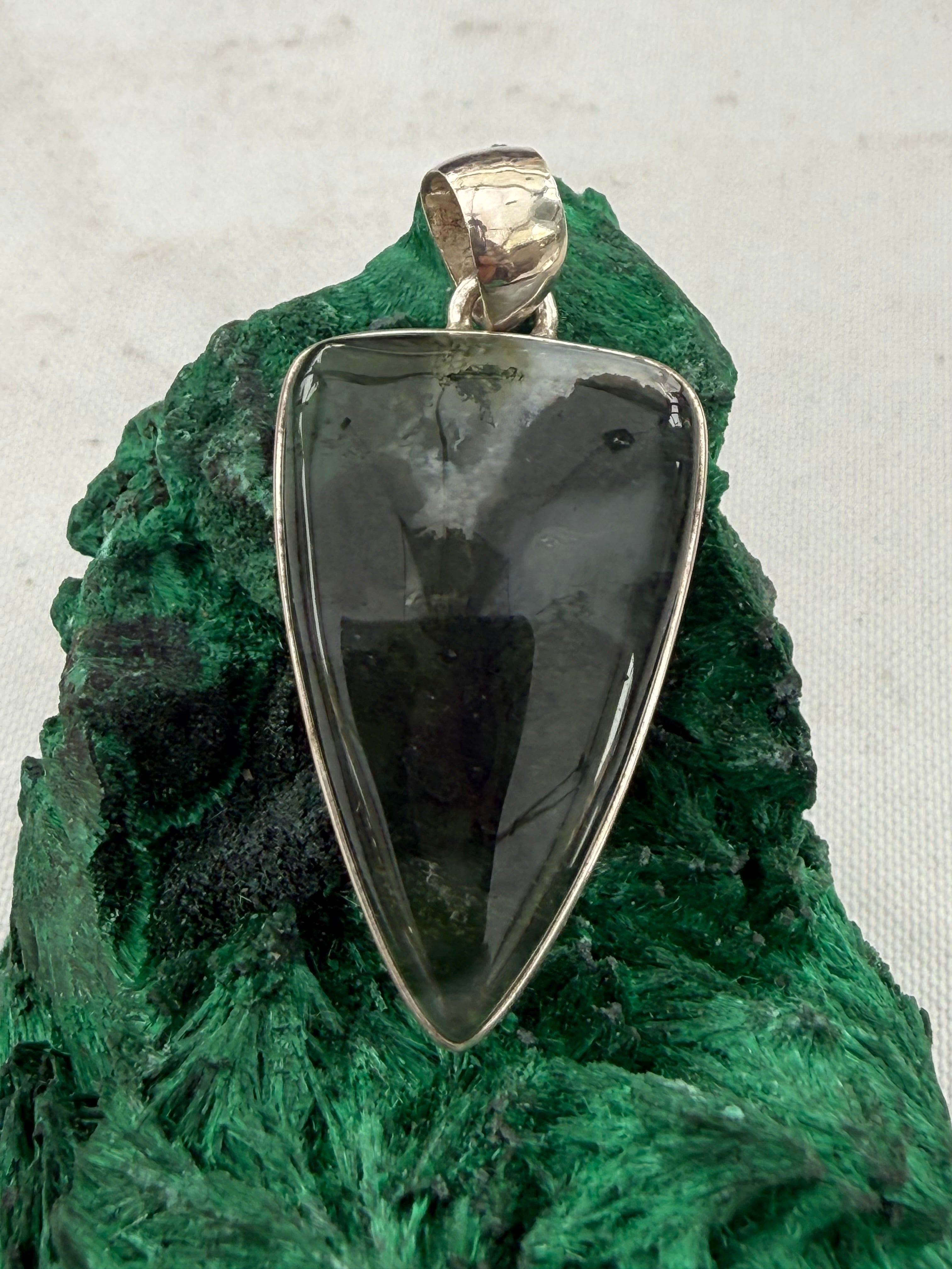 Verdant Heart Moss Agate Silver Pendant 31mmx20mm Crystal Wellness