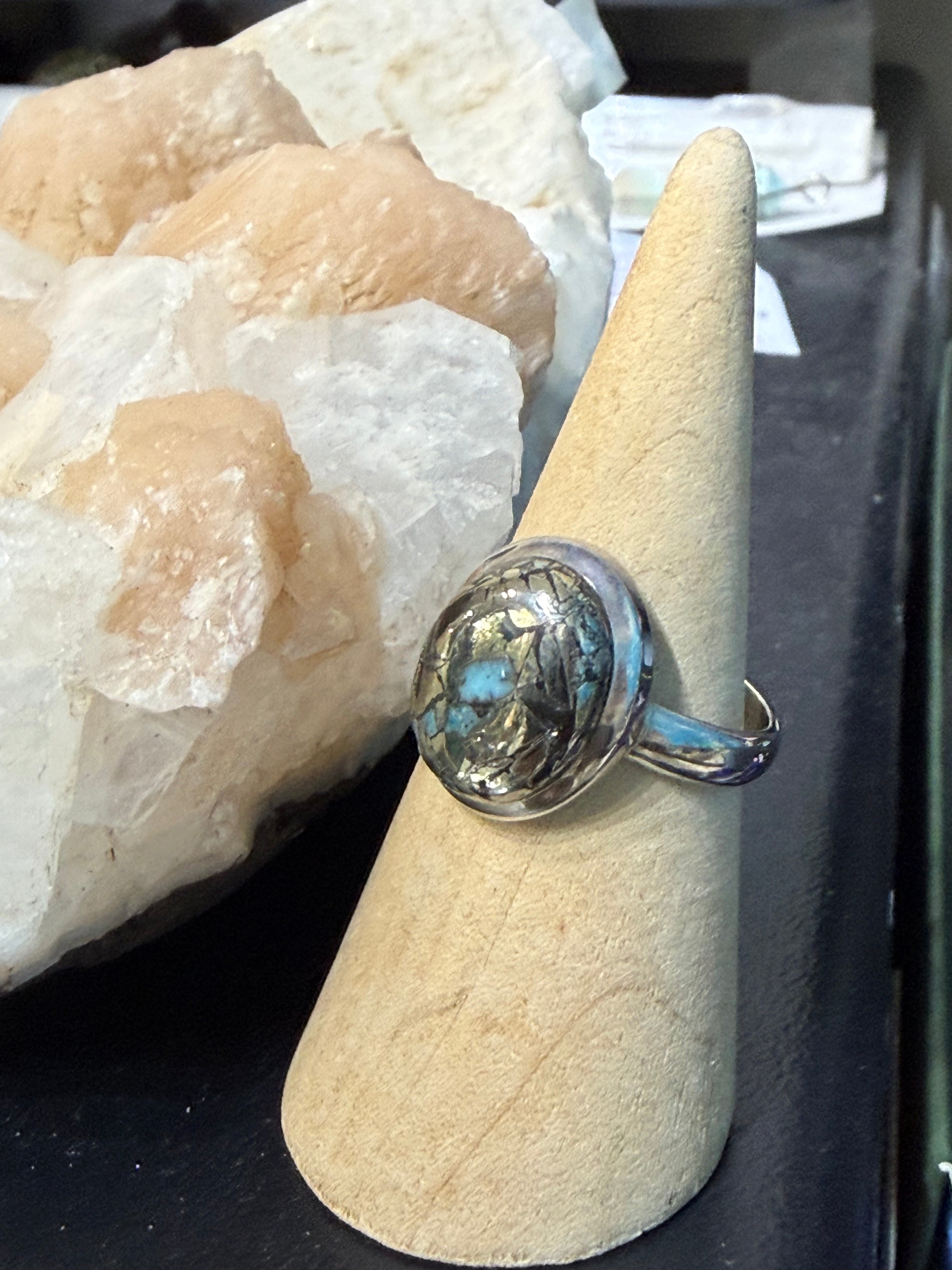 Iranian Turquoise with Pyrite Ring, size 8.5 – A Stone of Wisdom, Prosperity & Divine Protection Crystal Wellness