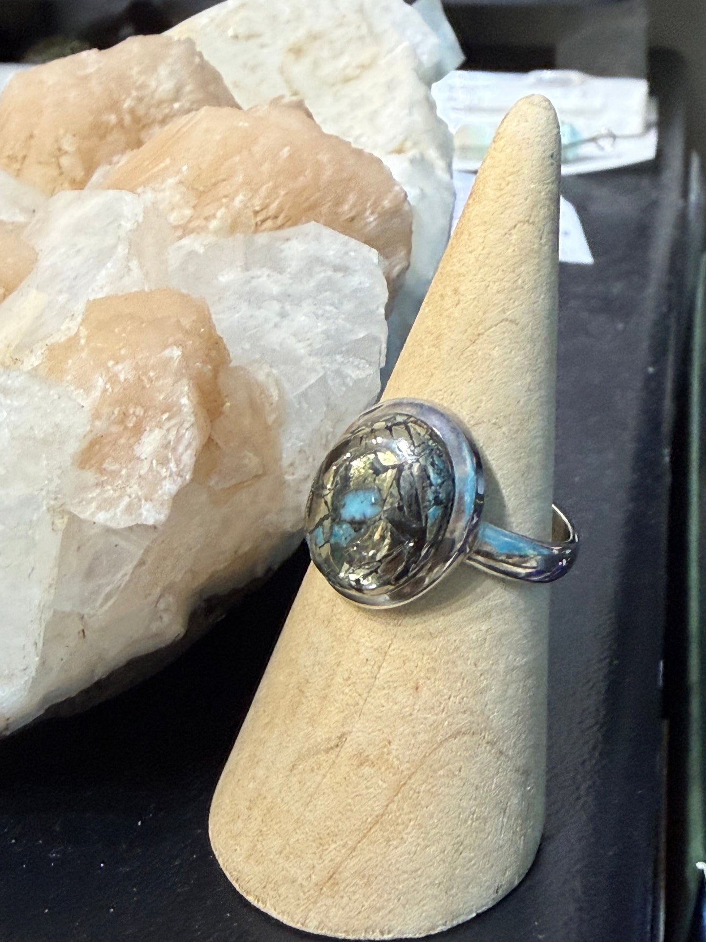 Iranian Turquoise with Pyrite Ring, size 8.5 – A Stone of Wisdom, Prosperity & Divine Protection Crystal Wellness