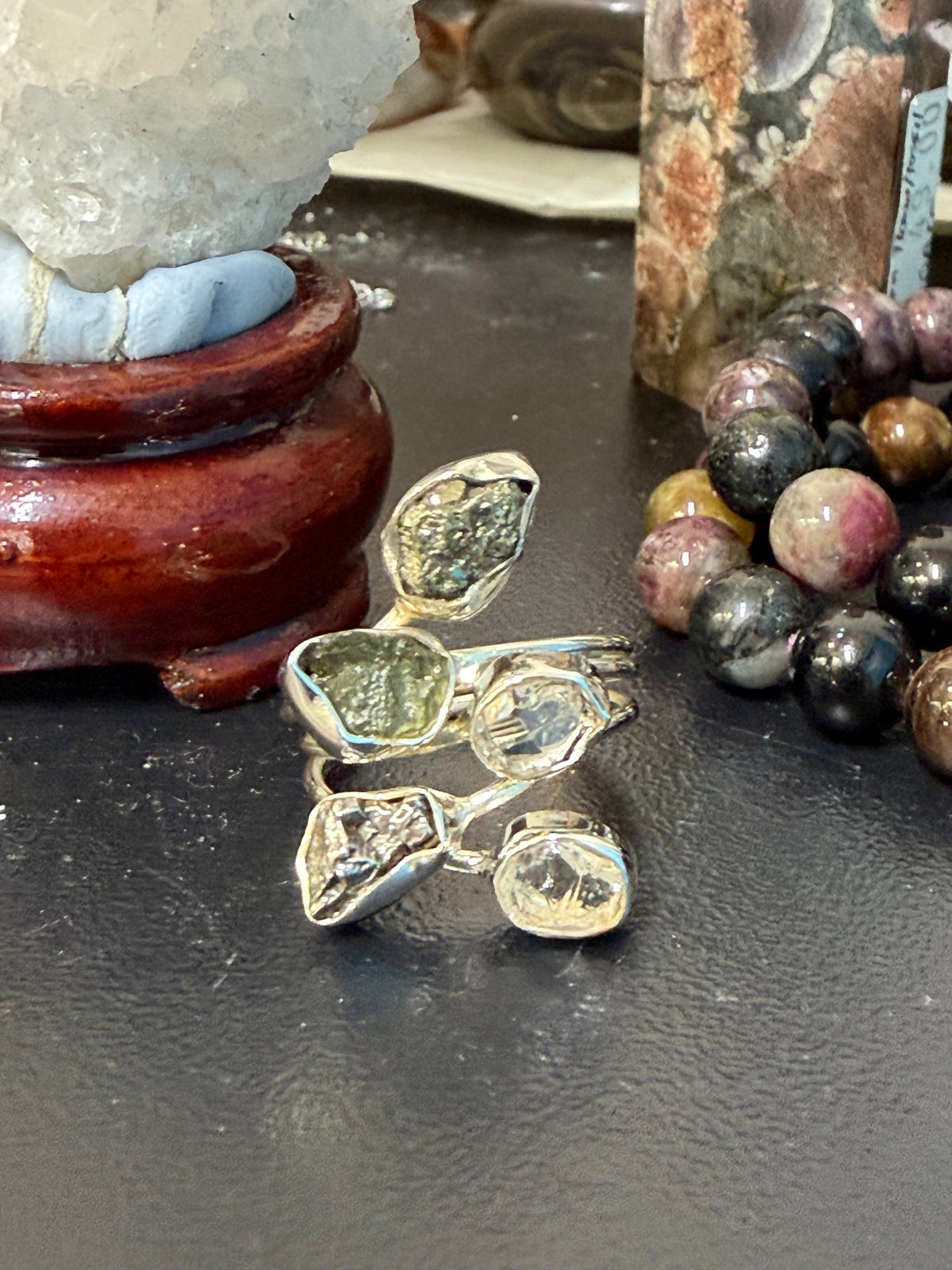 Moldavite, Herkimer Diamond, Mexican Pyrite Druzy & Meteorite Ring
Stone of Cosmic Transformation, Manifestation & Universal Connection, size 8 Crystal Wellness