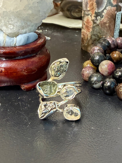 Moldavite, Herkimer Diamond, Mexican Pyrite Druzy & Meteorite Ring
Stone of Cosmic Transformation, Manifestation & Universal Connection, size 8 Crystal Wellness