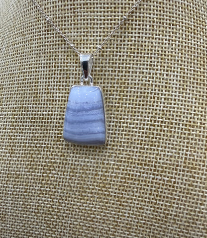 Blue Lace Agate Sterling Silver (92.5) Pendant Tabular Shape – 22x16mm Crystal Wellness
