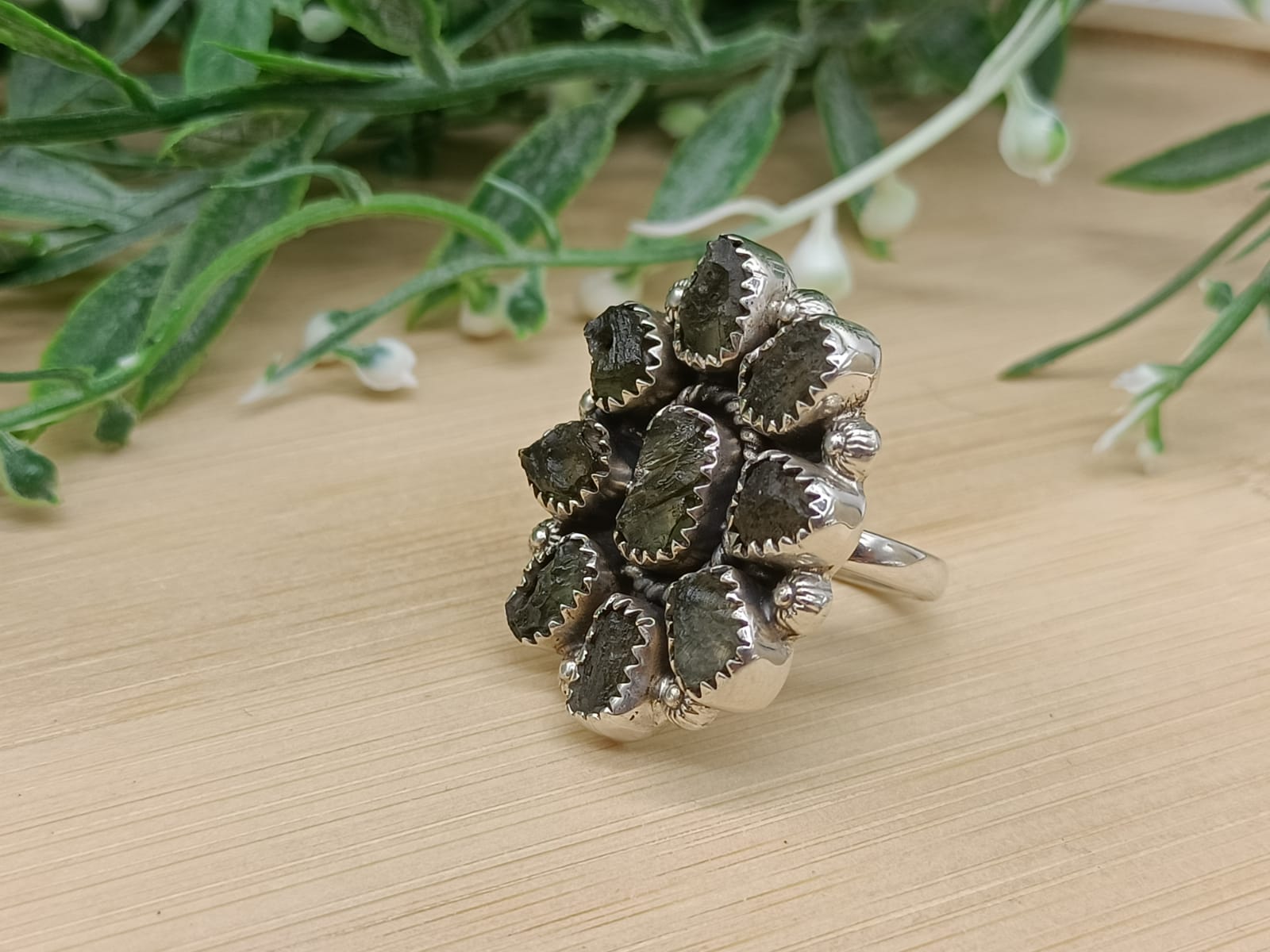 Authentic Moldavite Flower Petal 925 Sterling Silver 3.2x2.7cm Crystal Wellness