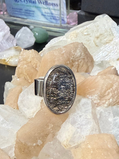 Black Rutilated Quartz Ring, size 9  – Protection, Strength & Energy Clarity Crystal Wellness