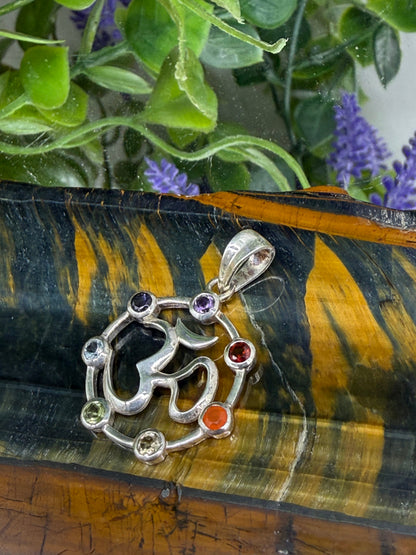 Om (ॐ) Sterling Silver Pendant with the chakra  — Sacred Sound & Inner Peace, 20mmx20mm Crystal Wellness