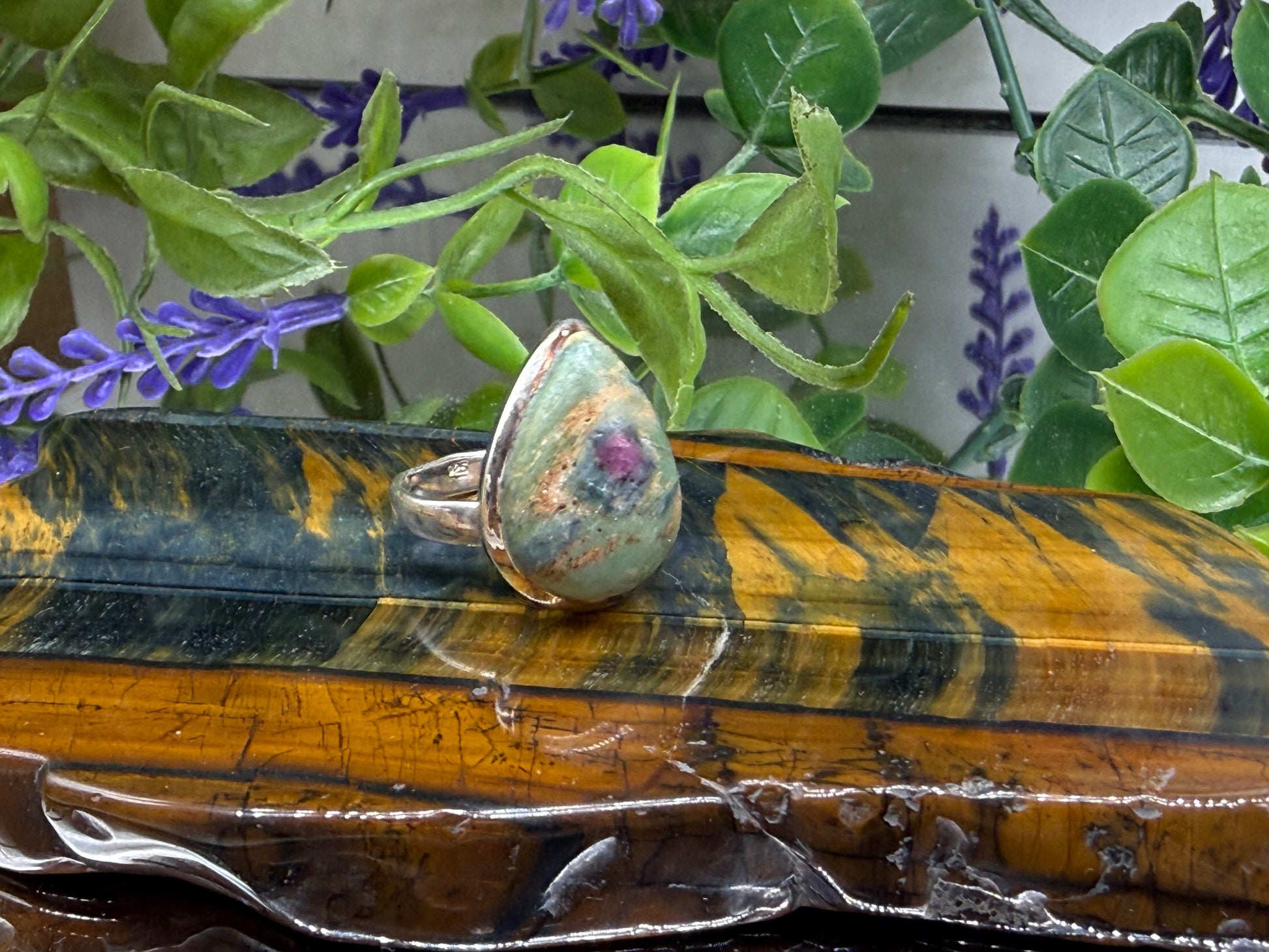 Ruby Fuchsite Silver Ring, size 8 adjustable Crystal Wellness