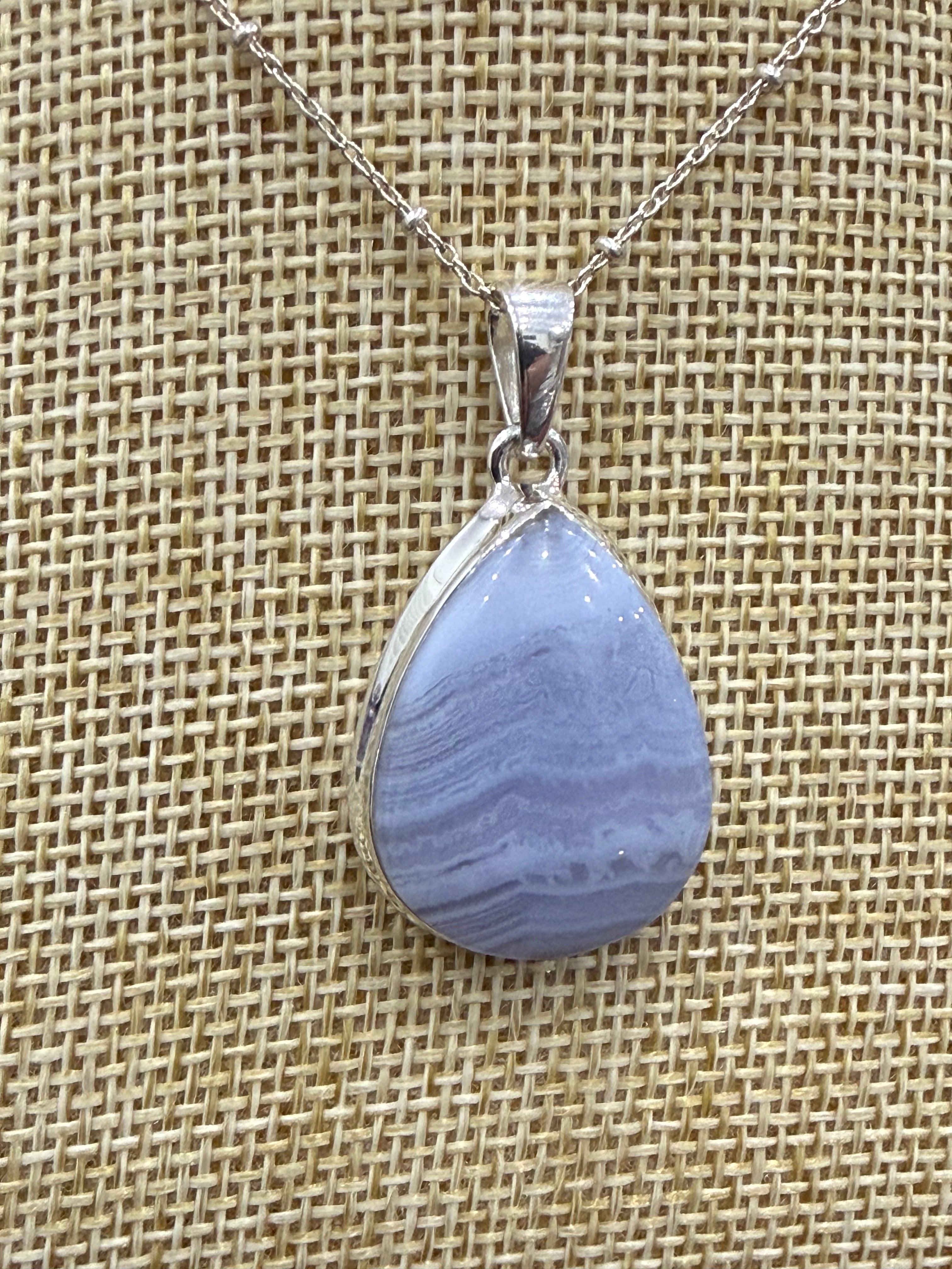 Blue Lace Agate Sterling Silver (92.5) Pendant  Teardrop – 29x21 mm Crystal Wellness