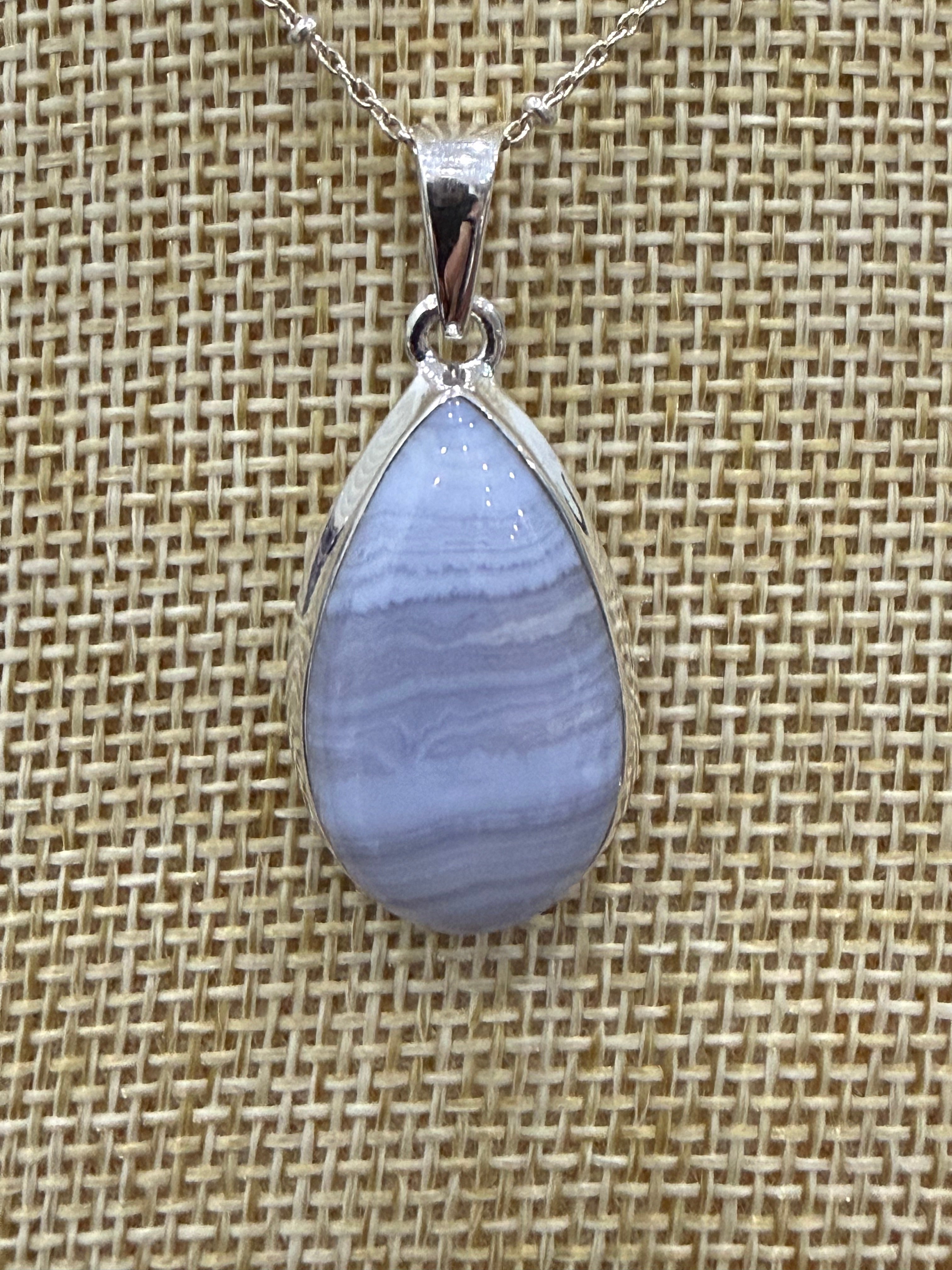 Blue Lace Agate Sterling Silver (92.5) Pendant Teardrop – 27x16 mm Crystal Wellness