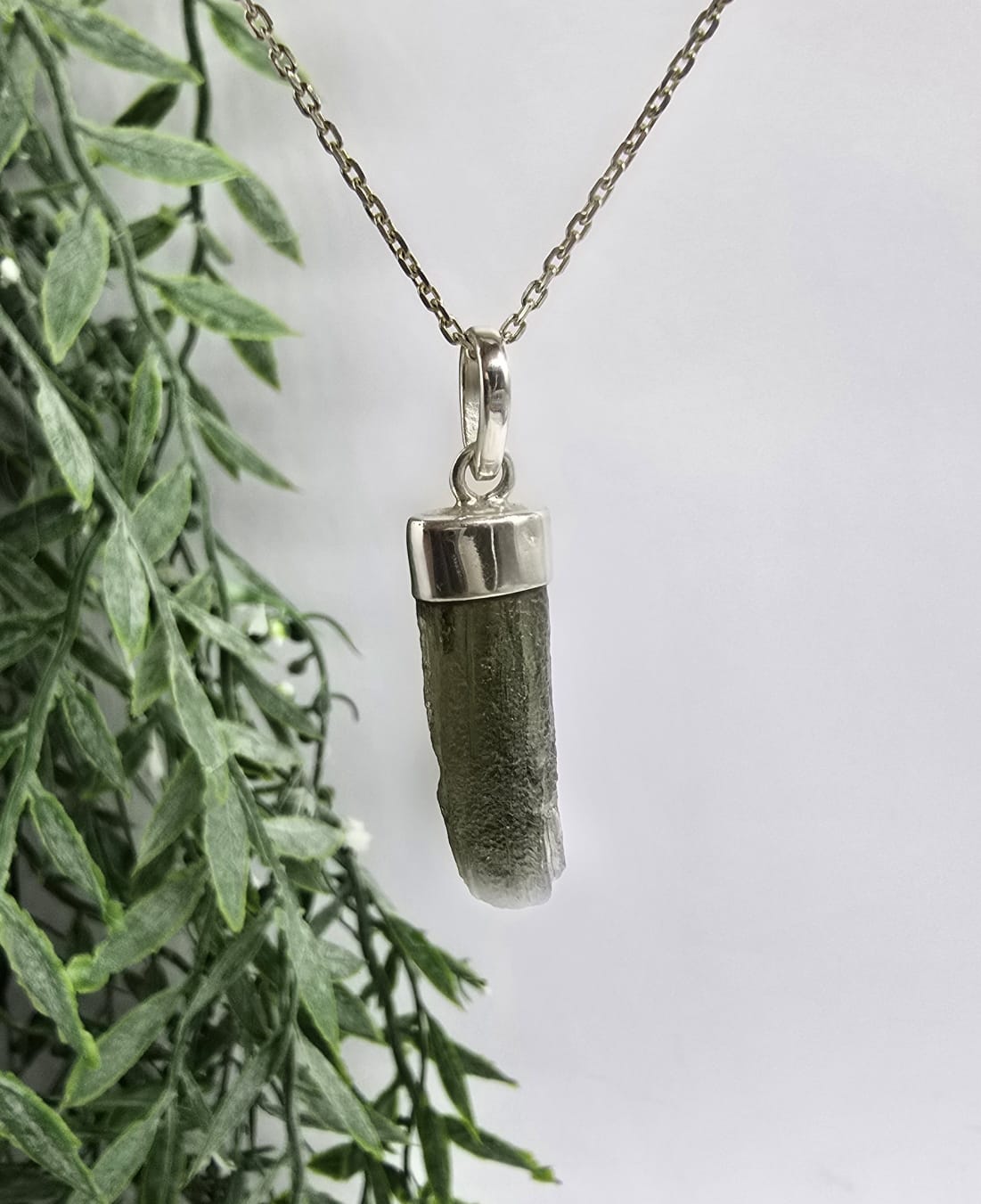 1.8g Authentic Moldavite 925 Sterling Silver Pendant 19x7mm (Silver Chain Included) Crystal Wellness