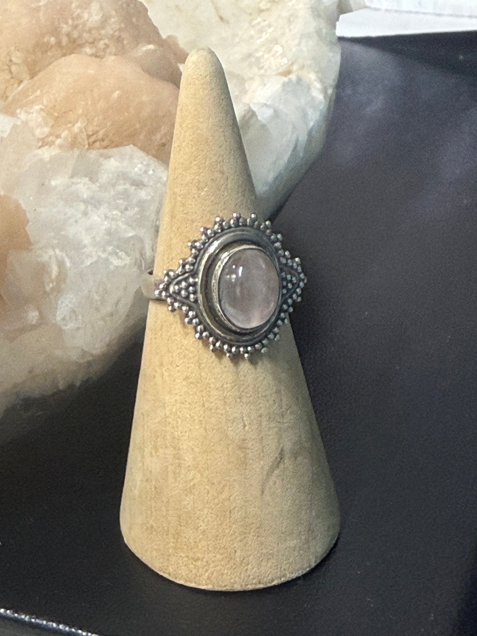 Rose Quartz 925 Sterling Silver Filigree Ring Size 7 Crystal Wellness