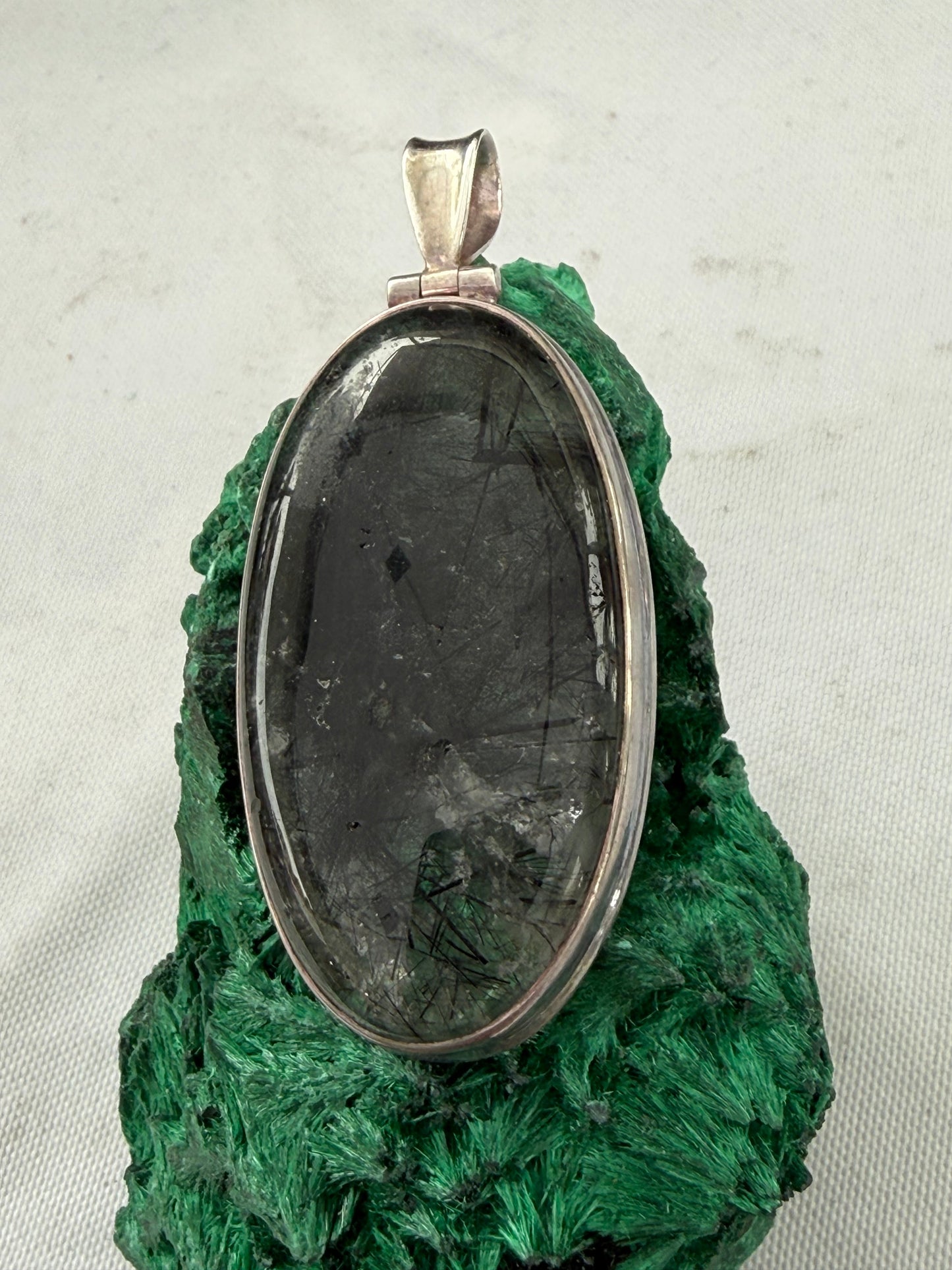 Black Rutilated Quartz Silver Pendant 50mmx25mm Crystal Wellness
