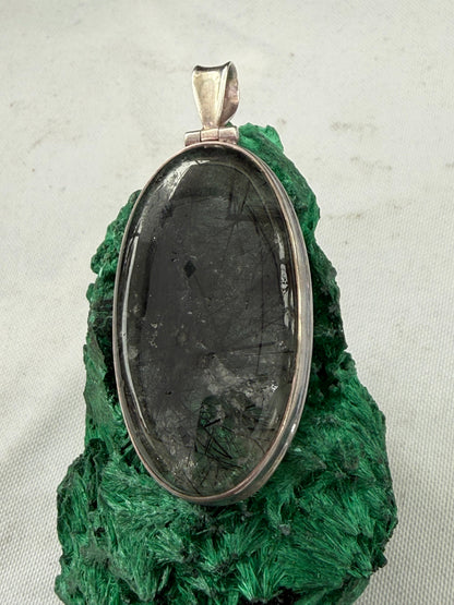 Black Rutilated Quartz Silver Pendant 50mmx25mm Crystal Wellness