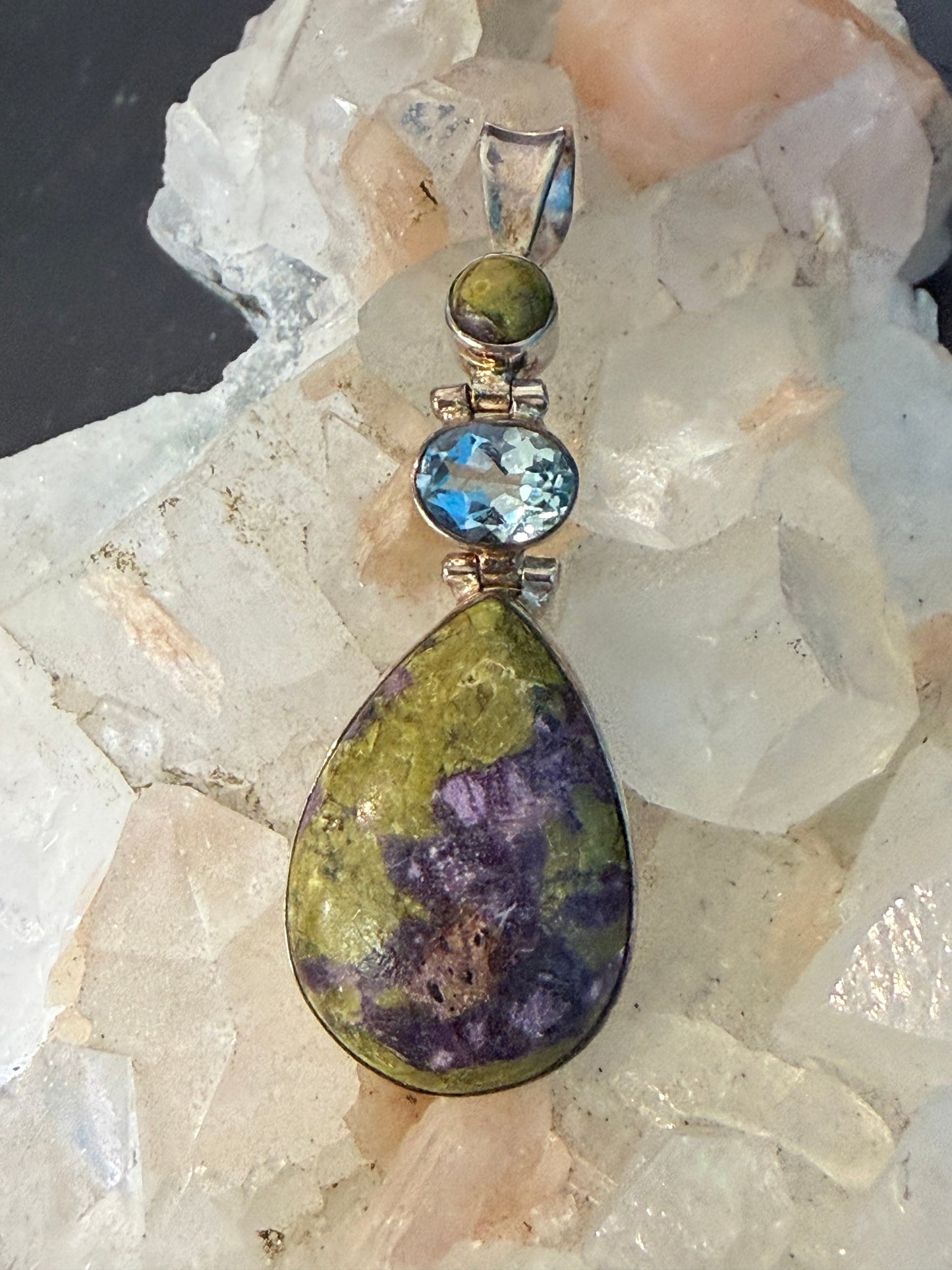 Atlantisite & Blue Topaz Silver Pendant, 42mmx18mm Crystal Wellness