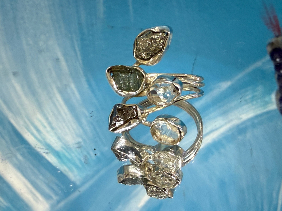 Moldavite, Herkimer Diamond, Mexican Pyrite Druzy & Meteorite Ring
Stone of Cosmic Transformation, Manifestation & Universal Connection, size 8 Crystal Wellness