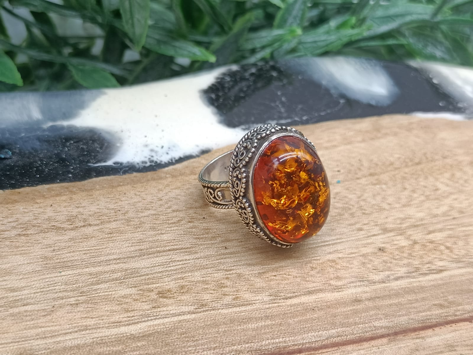 Amber (Artificial) 925 Sterling Silver Filigree Ring Size US 6 - AUS L Crystal Wellness