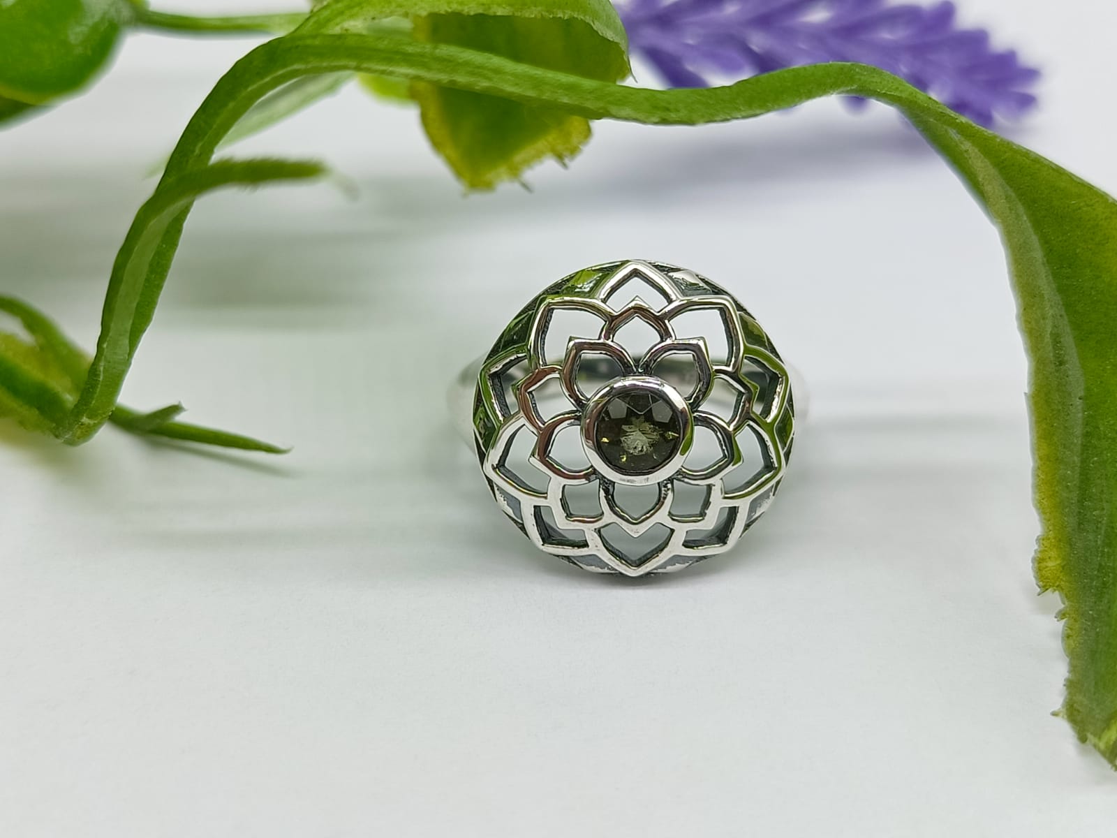 Authentic Moldavite 925 Sterling Silver Lotus Flower Ring Crystal Wellness