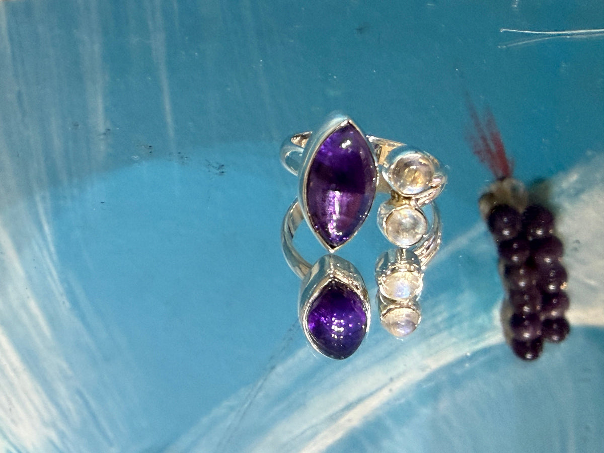 Amethyst & Moonstone Ring
Stone of Intuition, Inner Peace & Divine Feminine Energy, size 7 Crystal Wellness