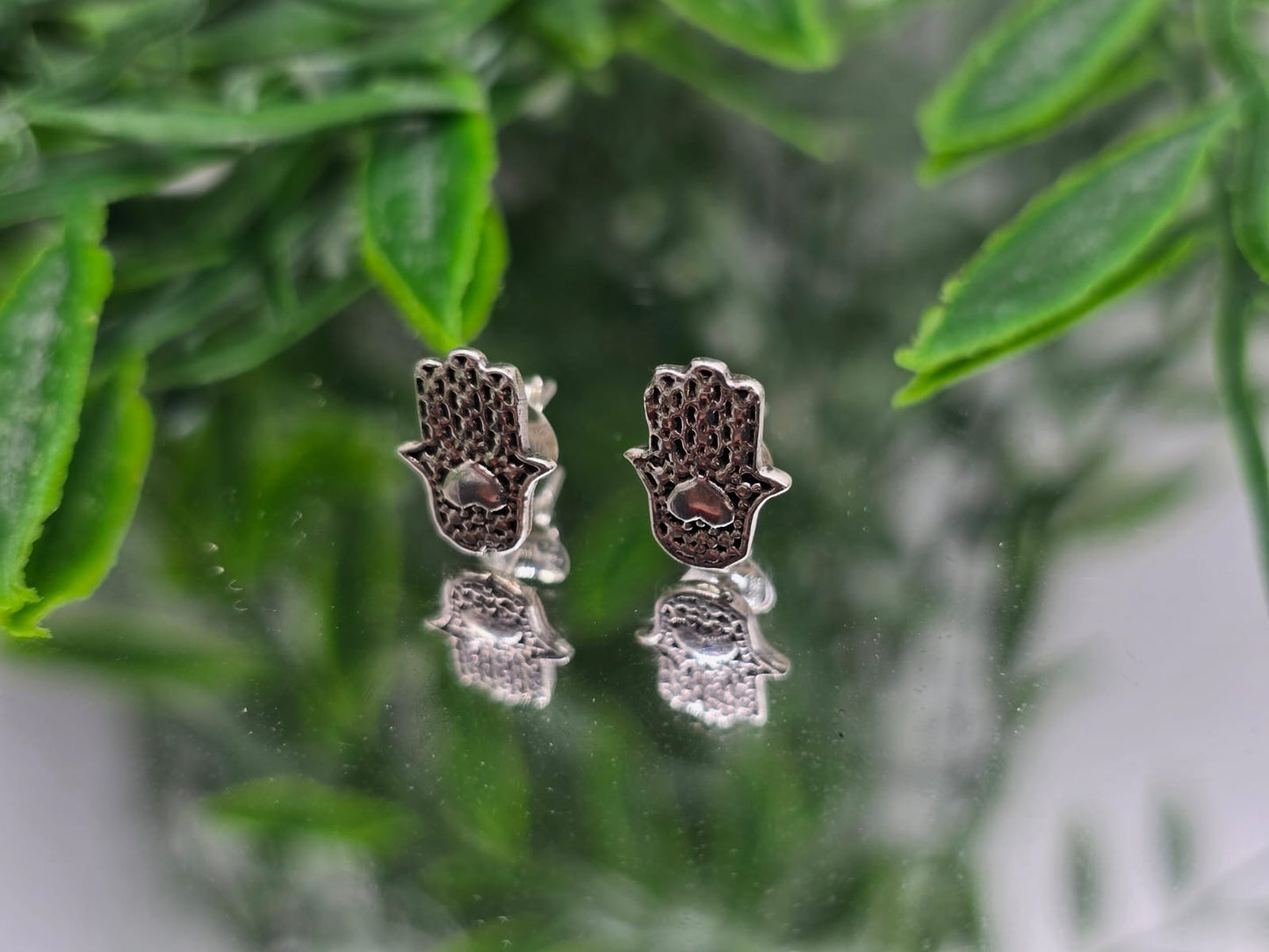 Sterling Silver Hamsa Stud Earrings Crystal Wellness