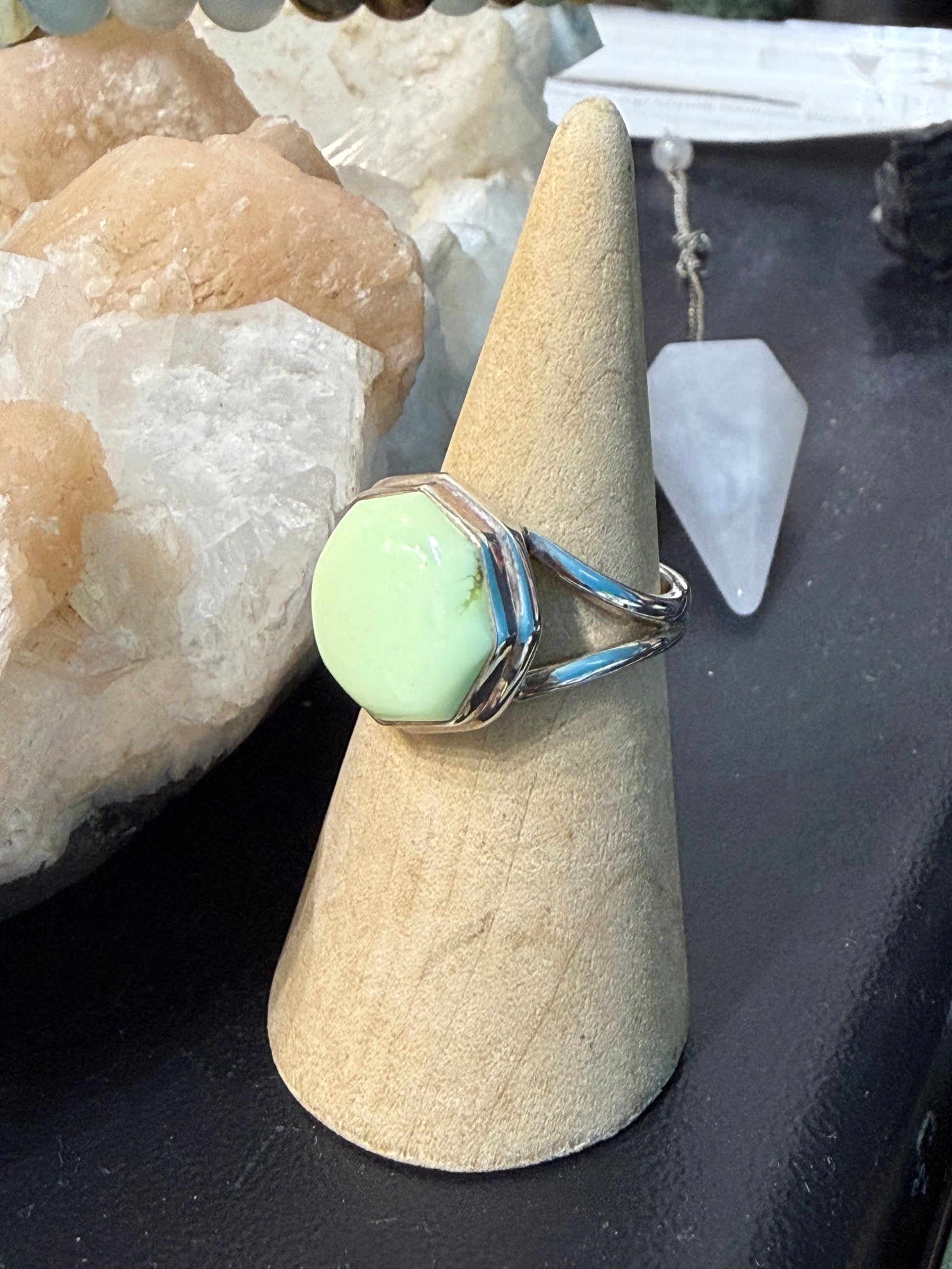 Lemon Chrysoprase Ring
A gentle ray of renewal, hope, and heart-healing energy. Size 8 Crystal Wellness