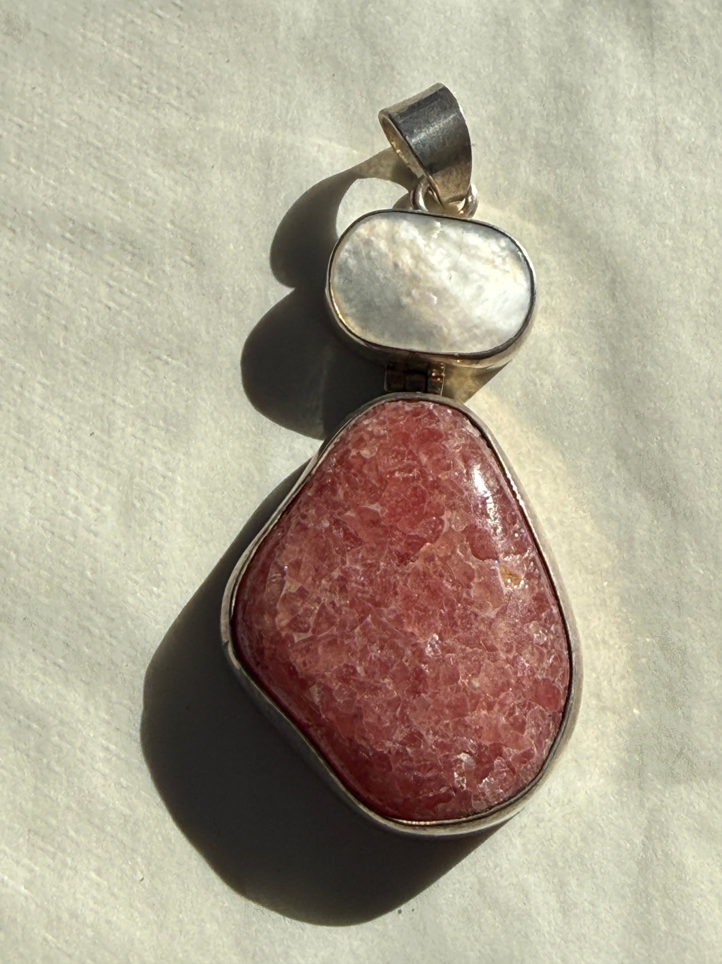 Rhodochrosite & Mother of Pearl Silver Pendant 44mmx25mm Crystal Wellness