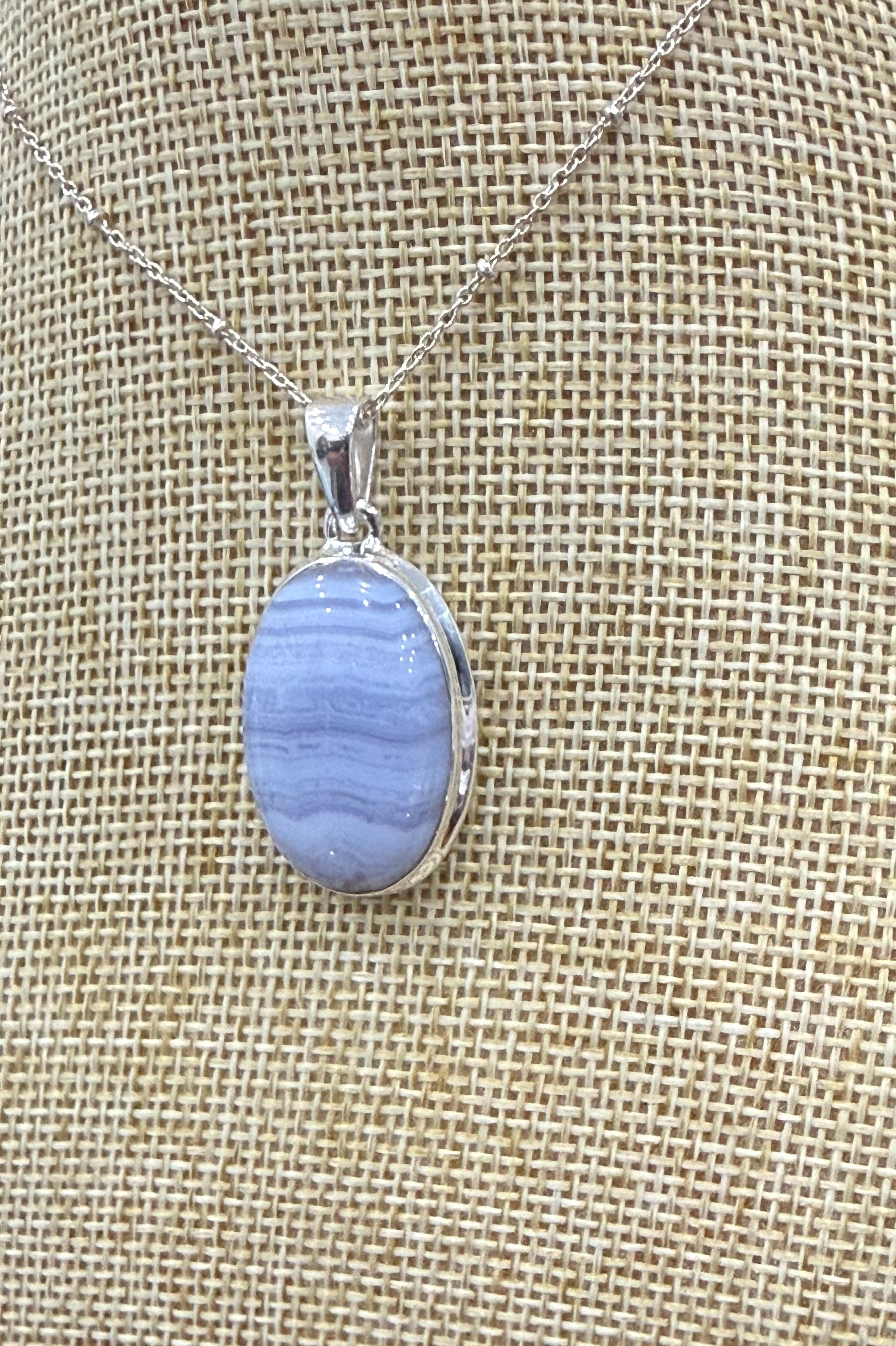 Blue Lace Agate Sterling Silver (92.5) Pendant Oval Shape– 27x19 mm Crystal Wellness