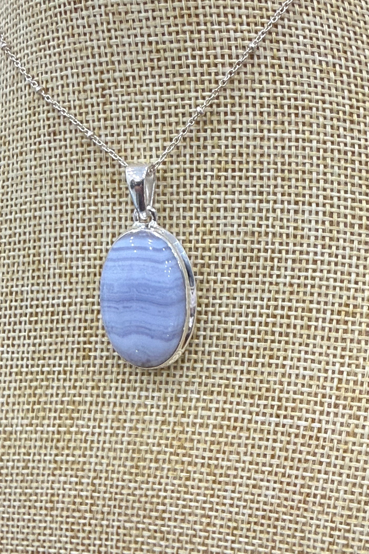Blue Lace Agate Sterling Silver (92.5) Pendant Oval Shape– 27x19 mm Crystal Wellness
