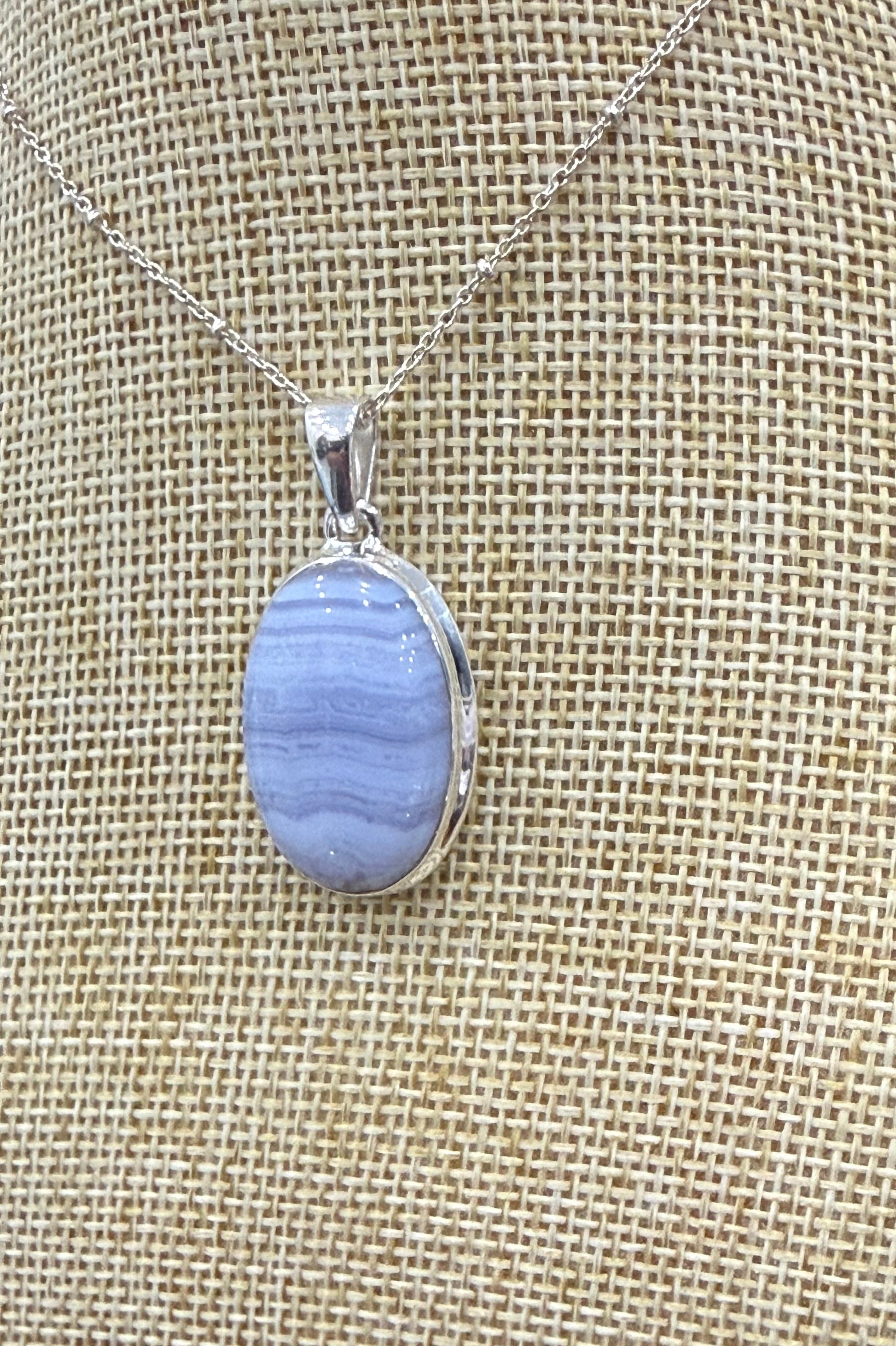 Blue Lace Agate Sterling Silver (92.5) Pendant Oval Shape– 27x19 mm Crystal Wellness