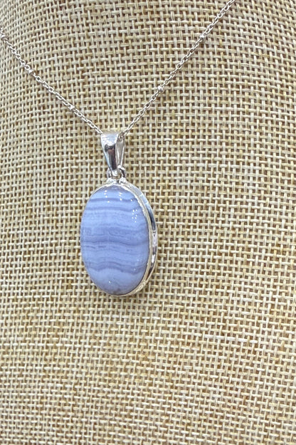 Blue Lace Agate Sterling Silver (92.5) Pendant Oval Shape– 27x19 mm Crystal Wellness