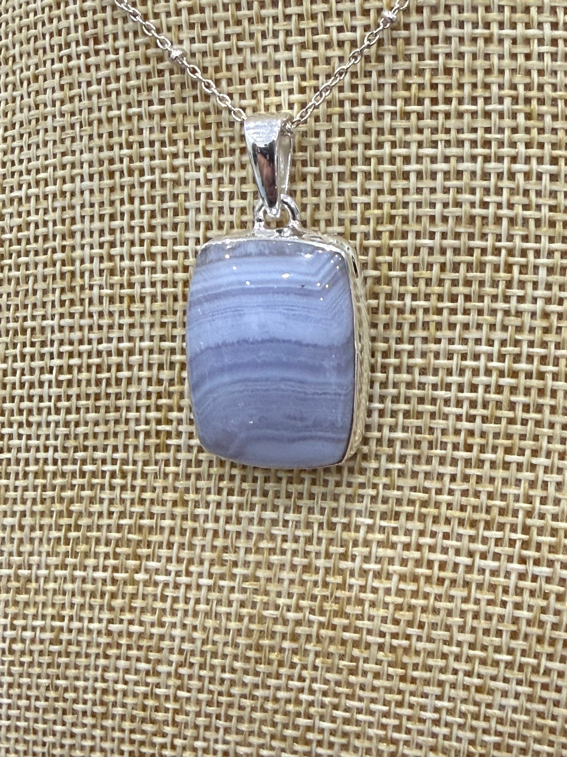 Blue Lace Agate Sterling Silver (92.5) Pendant Rectangle – 24x17mm Crystal Wellness