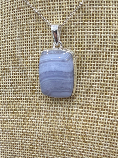 Blue Lace Agate Sterling Silver (92.5) Pendant Rectangle – 24x17mm Crystal Wellness