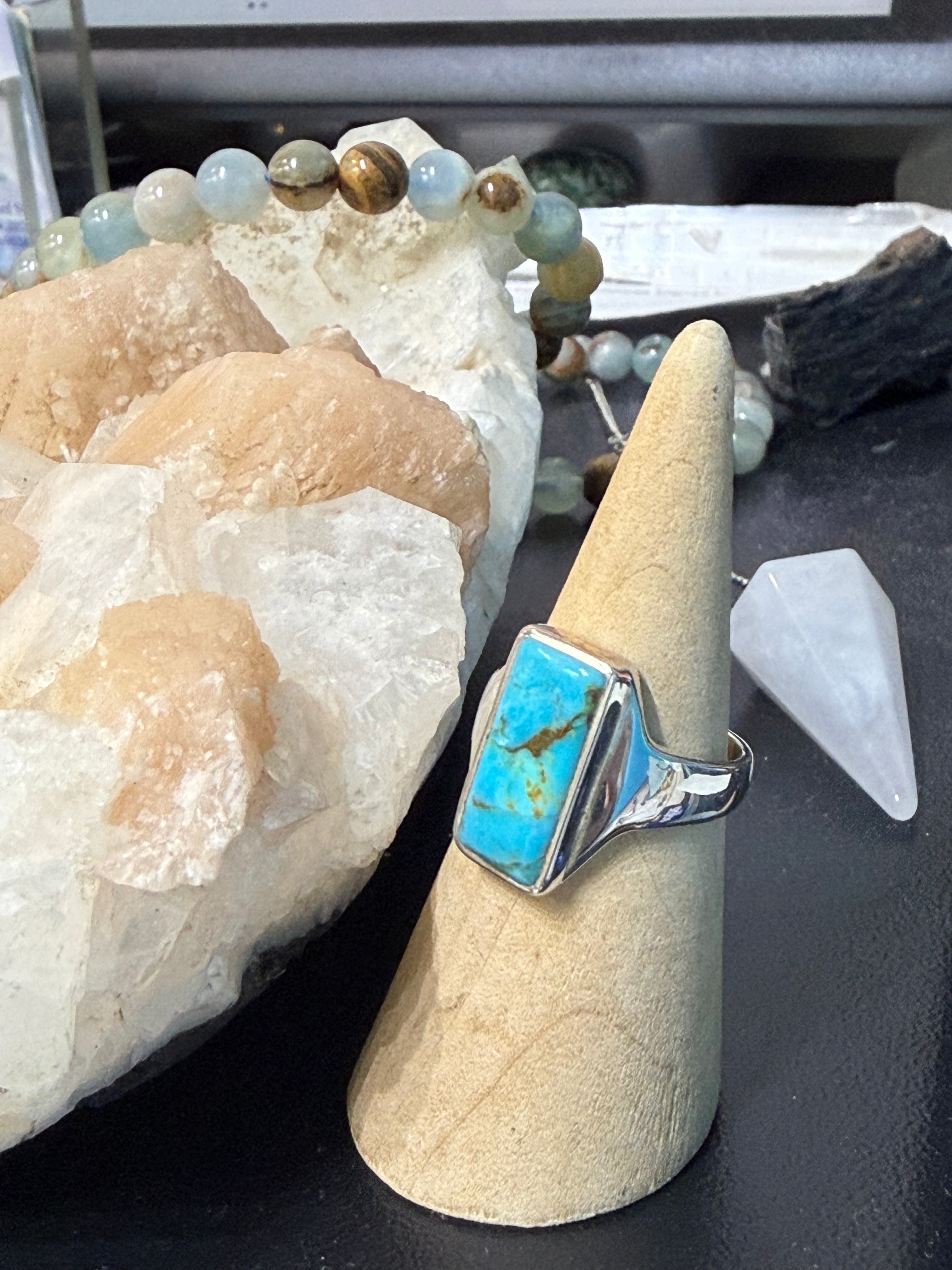 Blue Mohave Turquoise Sterling Silver Ring – Size 8 Stone of Expression & Inner Harmony Crystal Wellness