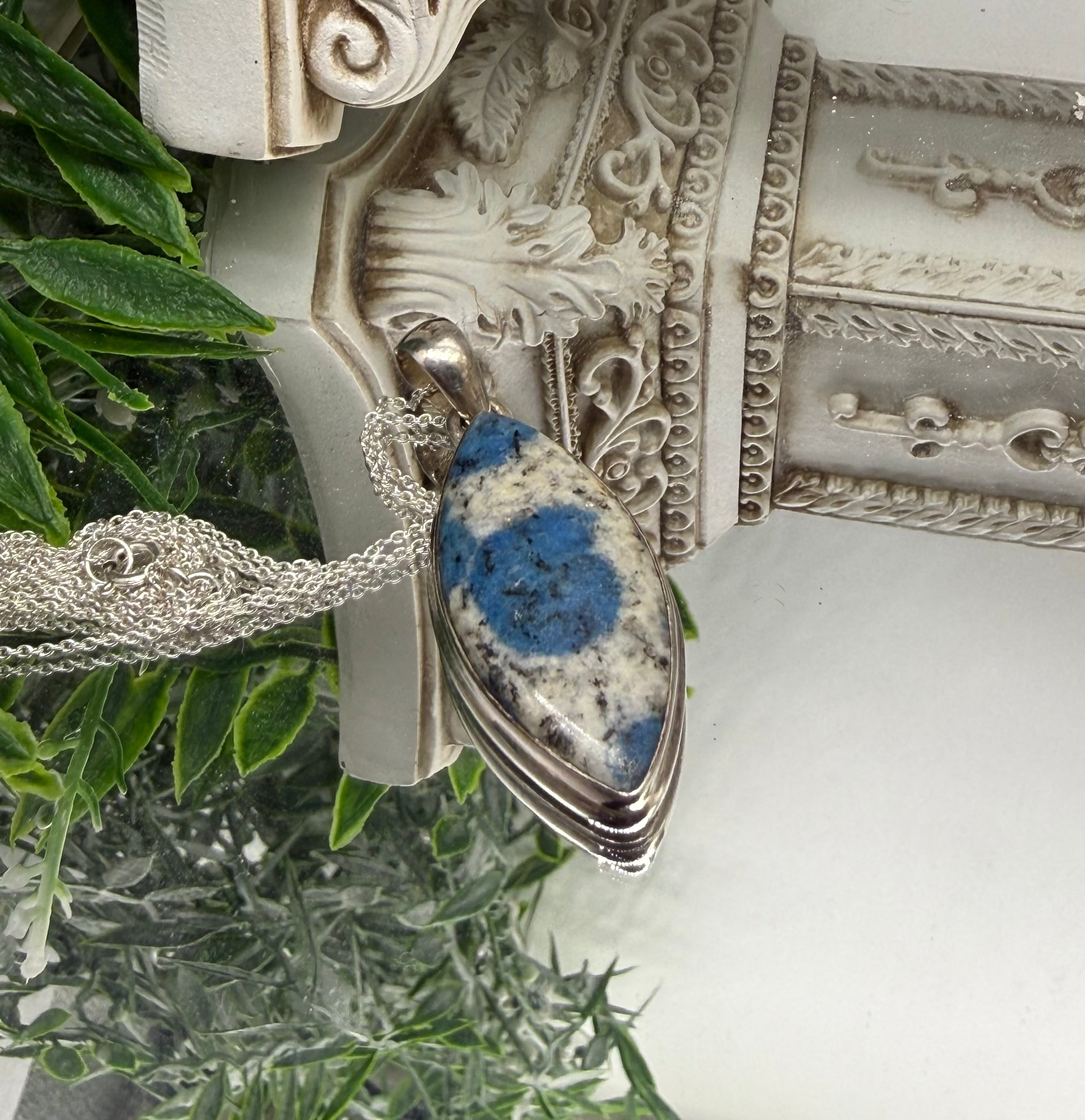 K2 Stone (Granite & Azurite) Sterling Silver (92.5) Pendant – 35x18mm Crystal Wellness