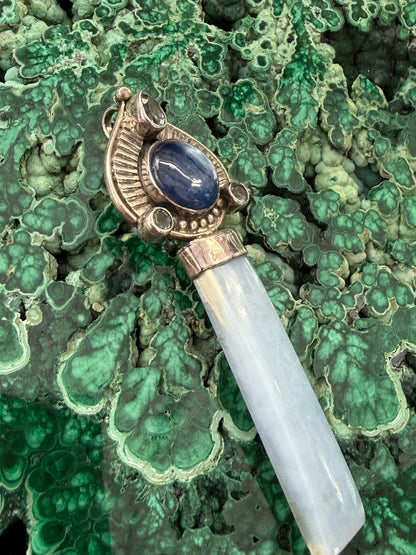 Owyhee Opal, Blue Topaz & Blue Kyanite Silver Pendant 60mmx20mm Crystal Wellness
