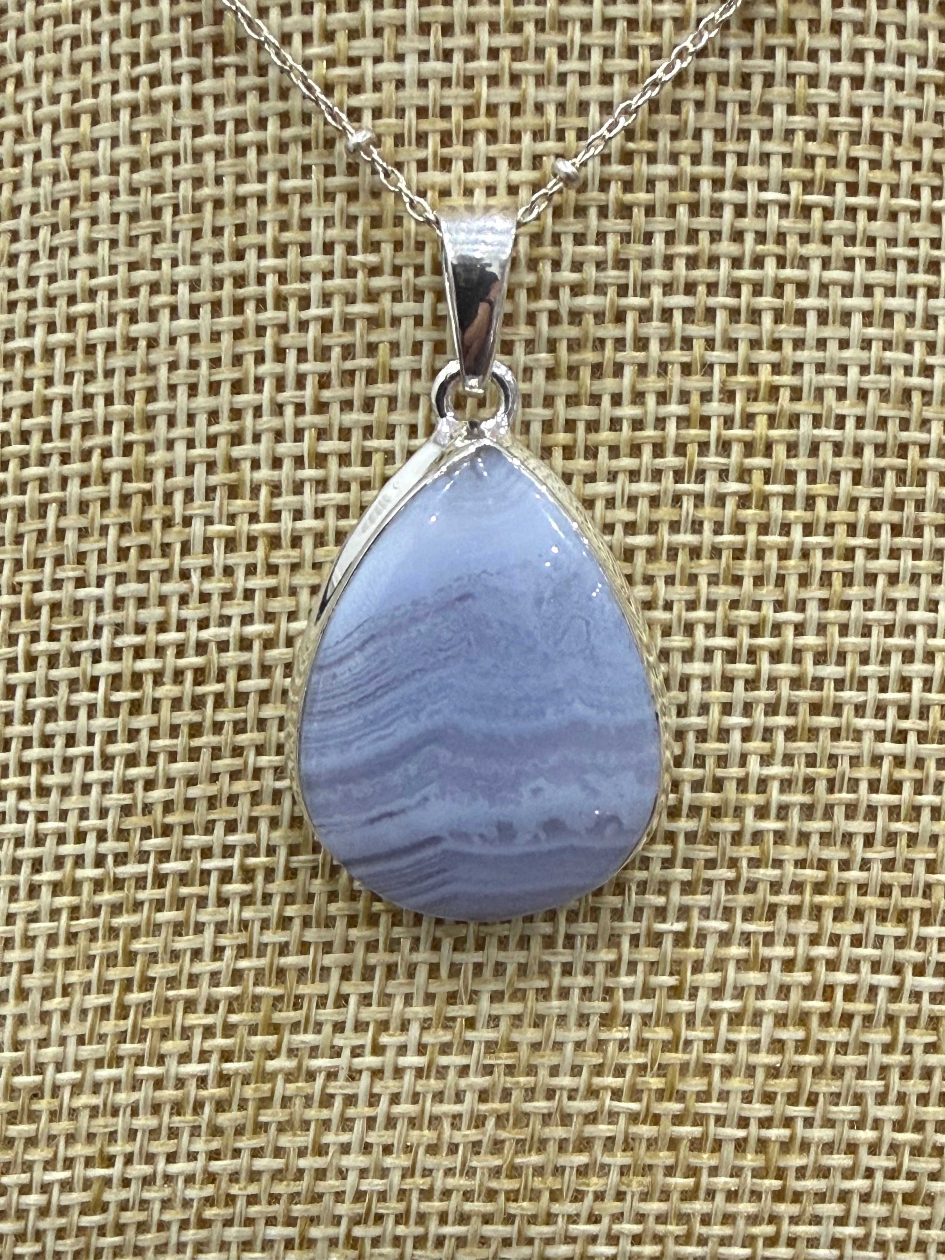 Blue Lace Agate Sterling Silver (92.5) Pendant  Teardrop – 29x21 mm Crystal Wellness