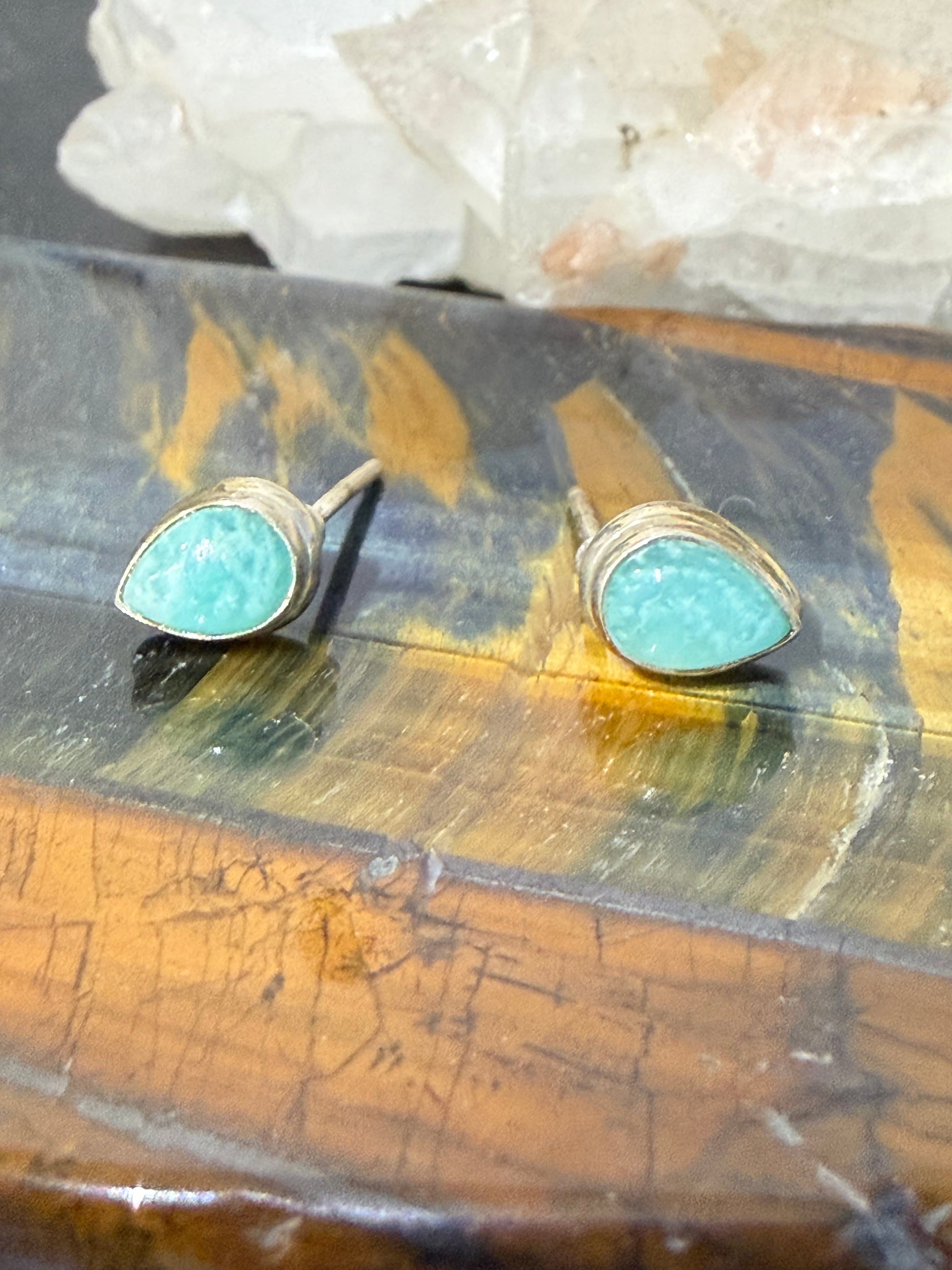 Amazonite Stud Earrings – Harmony, Truth & Courage, 9mmx6mm Crystal Wellness