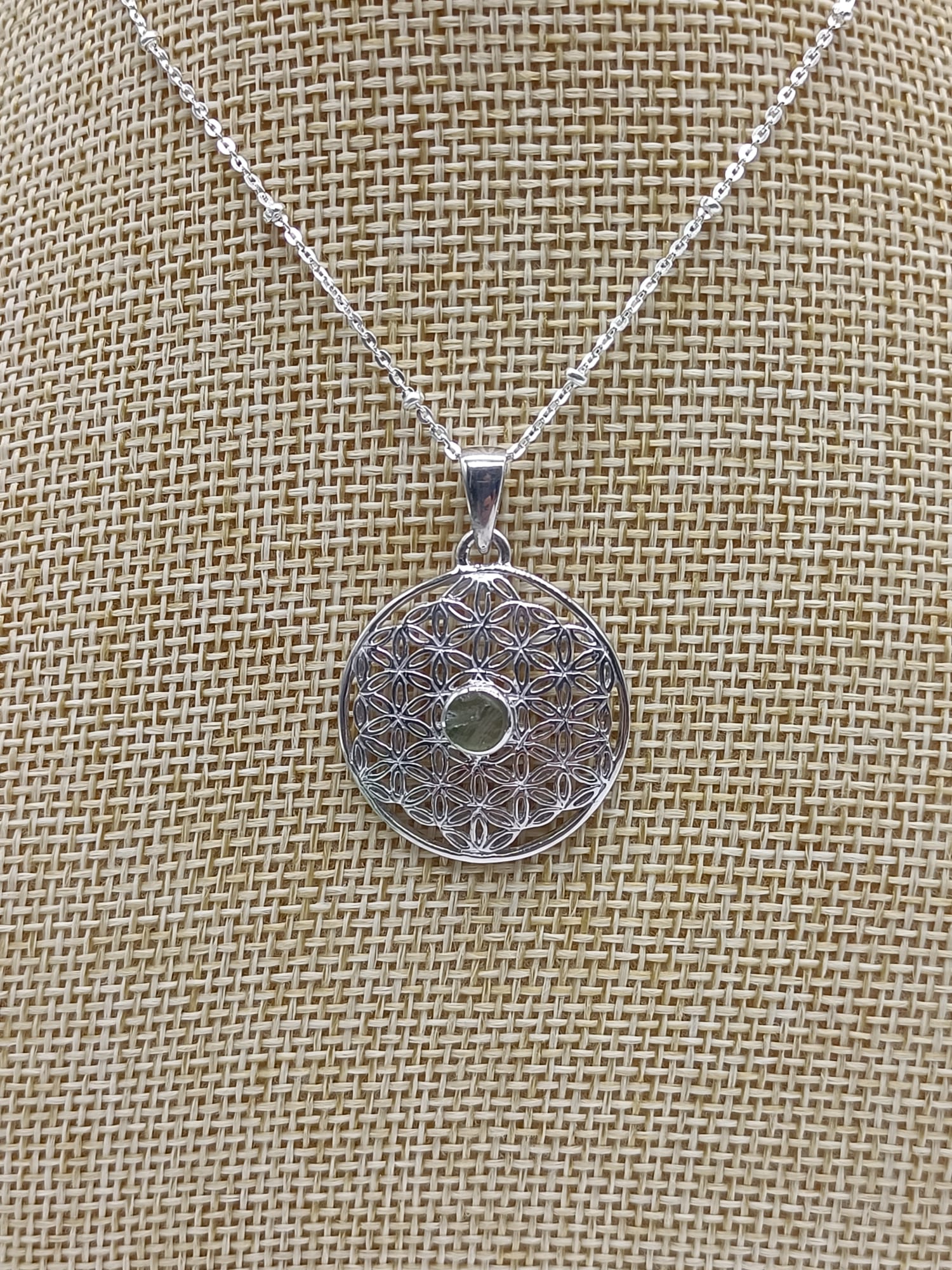 Authentic Moldavite Raw Flower Of Life Rhodium Plated Pendant Crystal Wellness