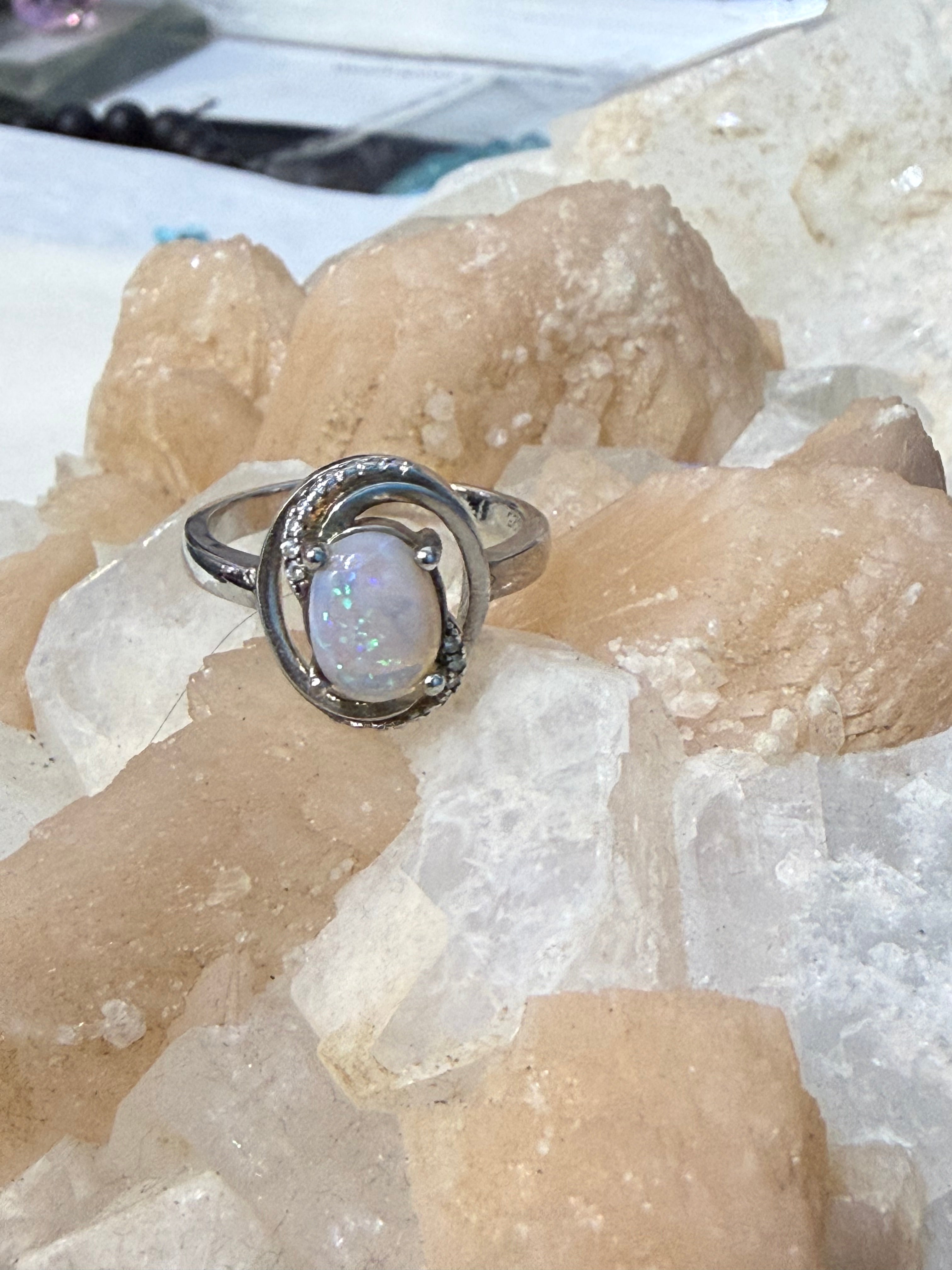 Australian Opal & Zircon Ring, size 6.5 – Light of Intuition Crystal Wellness