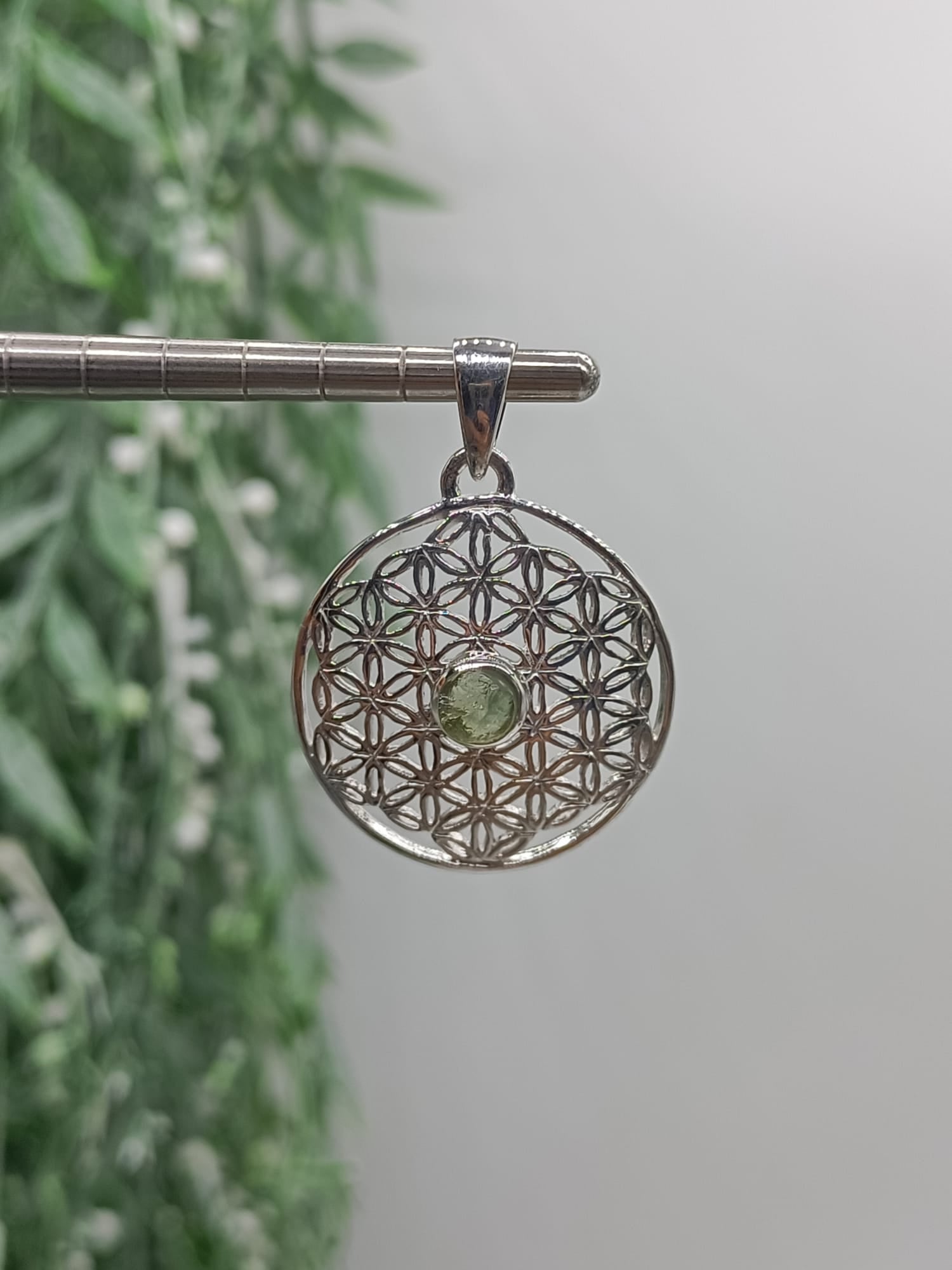 Authentic Moldavite Raw Flower Of Life Rhodium Plated Pendant Crystal Wellness