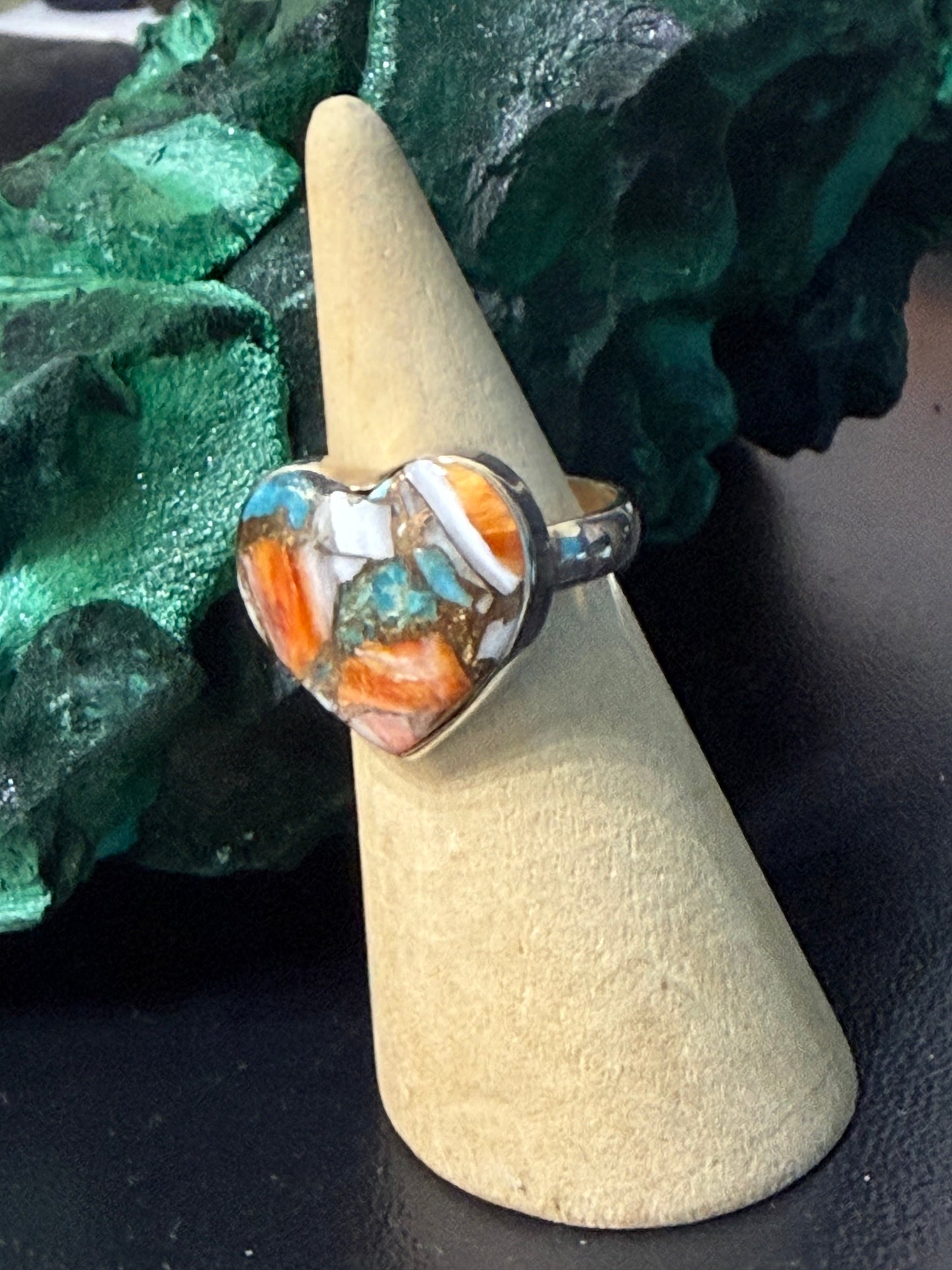 Spiny Oyster Turquoise Heart Ring – Sterling Silver Size 6.5 Crystal Wellness