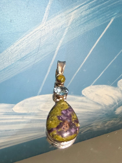 Atlantisite & Blue Topaz Silver Pendant, 42mmx18mm Crystal Wellness