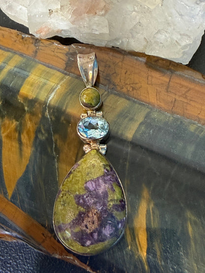 Atlantisite & Blue Topaz Silver Pendant, 42mmx18mm Crystal Wellness