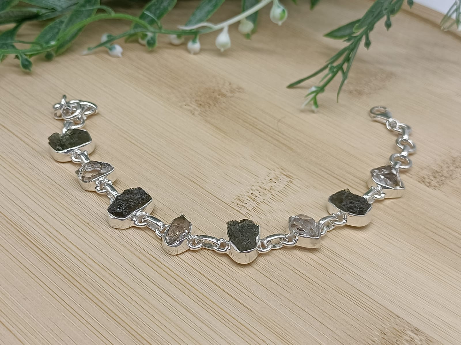 Authentic Moldavite and Herkimer Diamond 925 Sterling Silver Bracelet Crystal Wellness