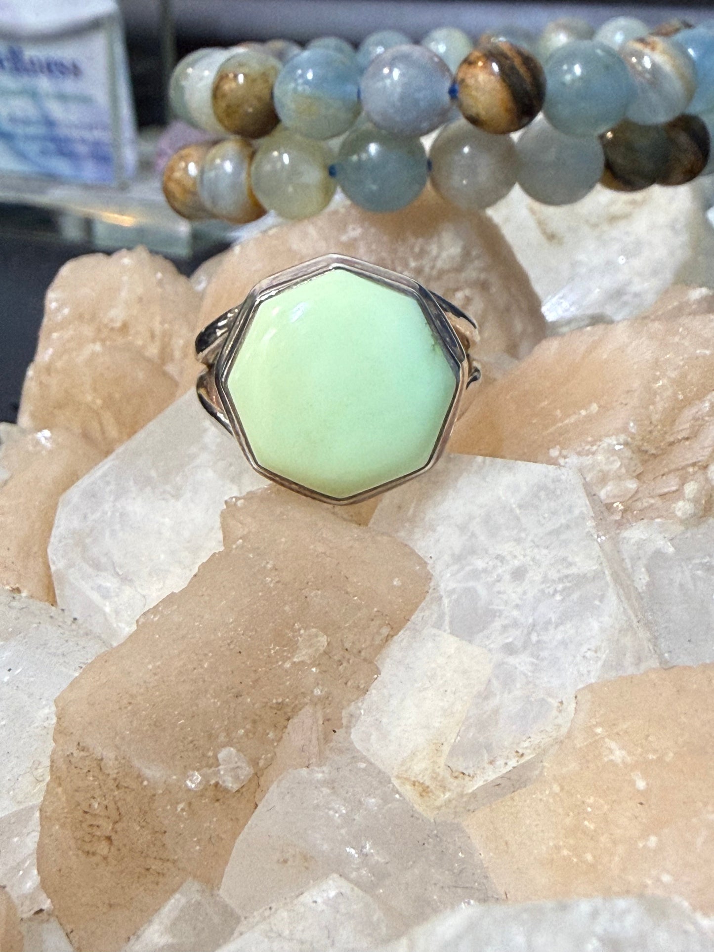 Lemon Chrysoprase Ring
A gentle ray of renewal, hope, and heart-healing energy. Size 8 Crystal Wellness