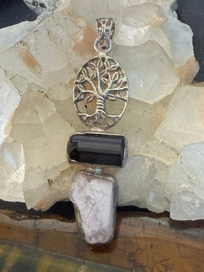 Morganite & Black Tourmaline Tree of Life Pendant, 48mmx15mm Crystal Wellness