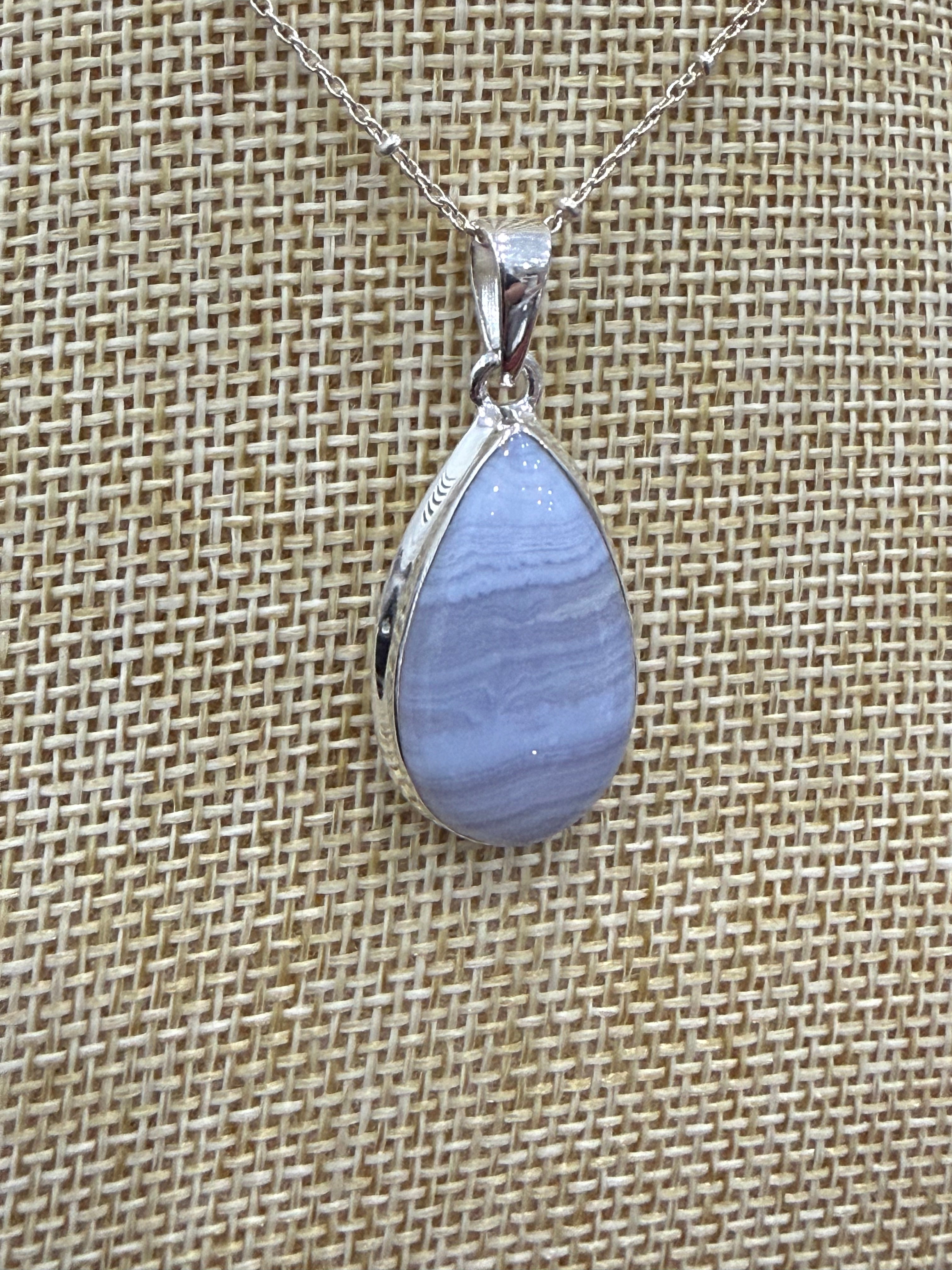 Blue Lace Agate Sterling Silver (92.5) Pendant Teardrop – 27x16 mm Crystal Wellness